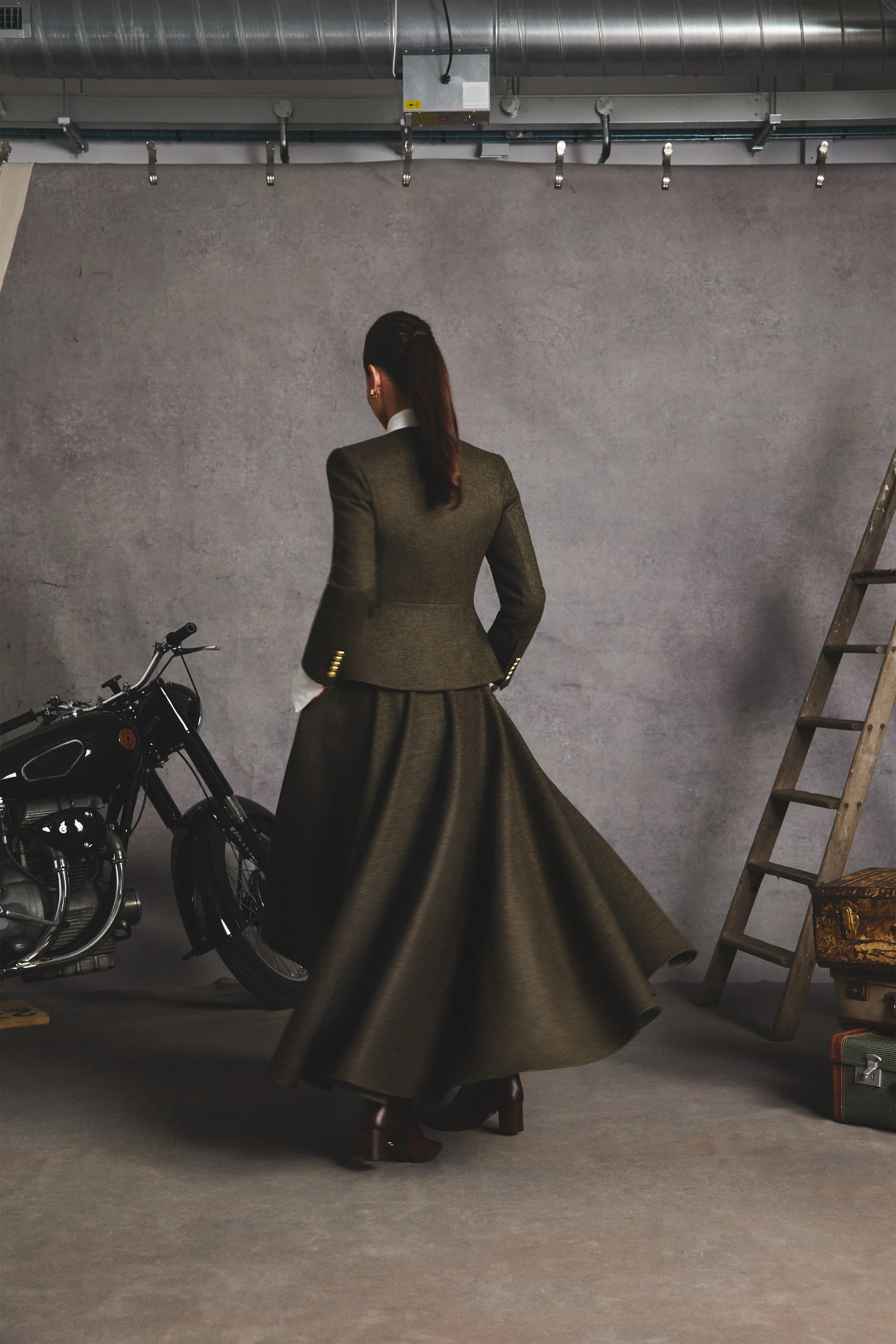 360 Maxi Tweed Circle Skirt (Dark Green Herringbone) - Image 4