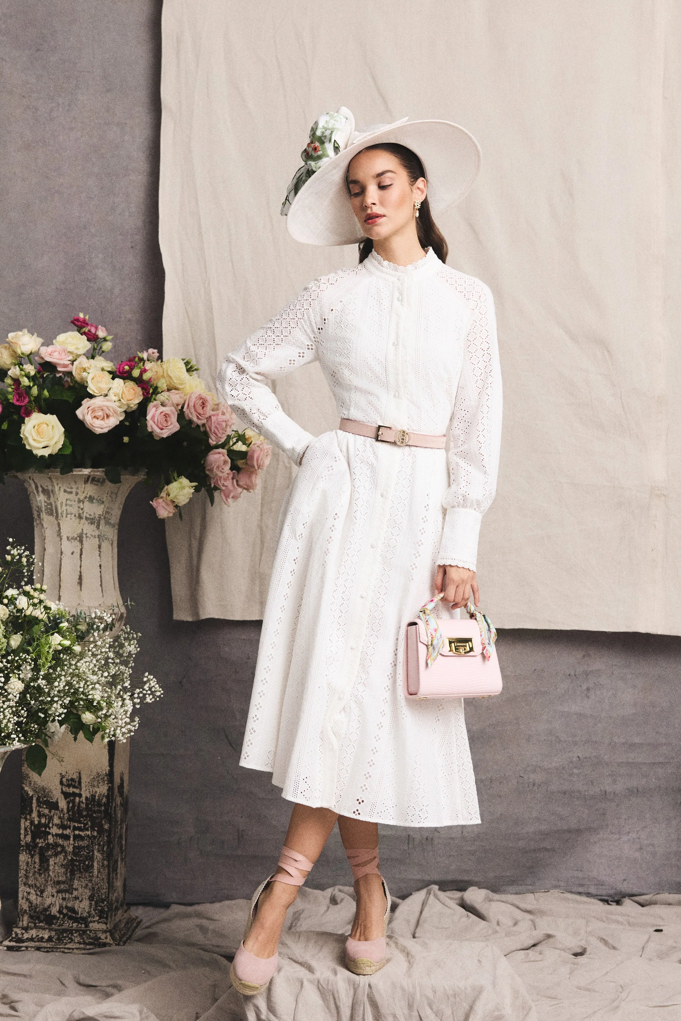 Aimee Collarless Broderie Dress (White) - Image 4