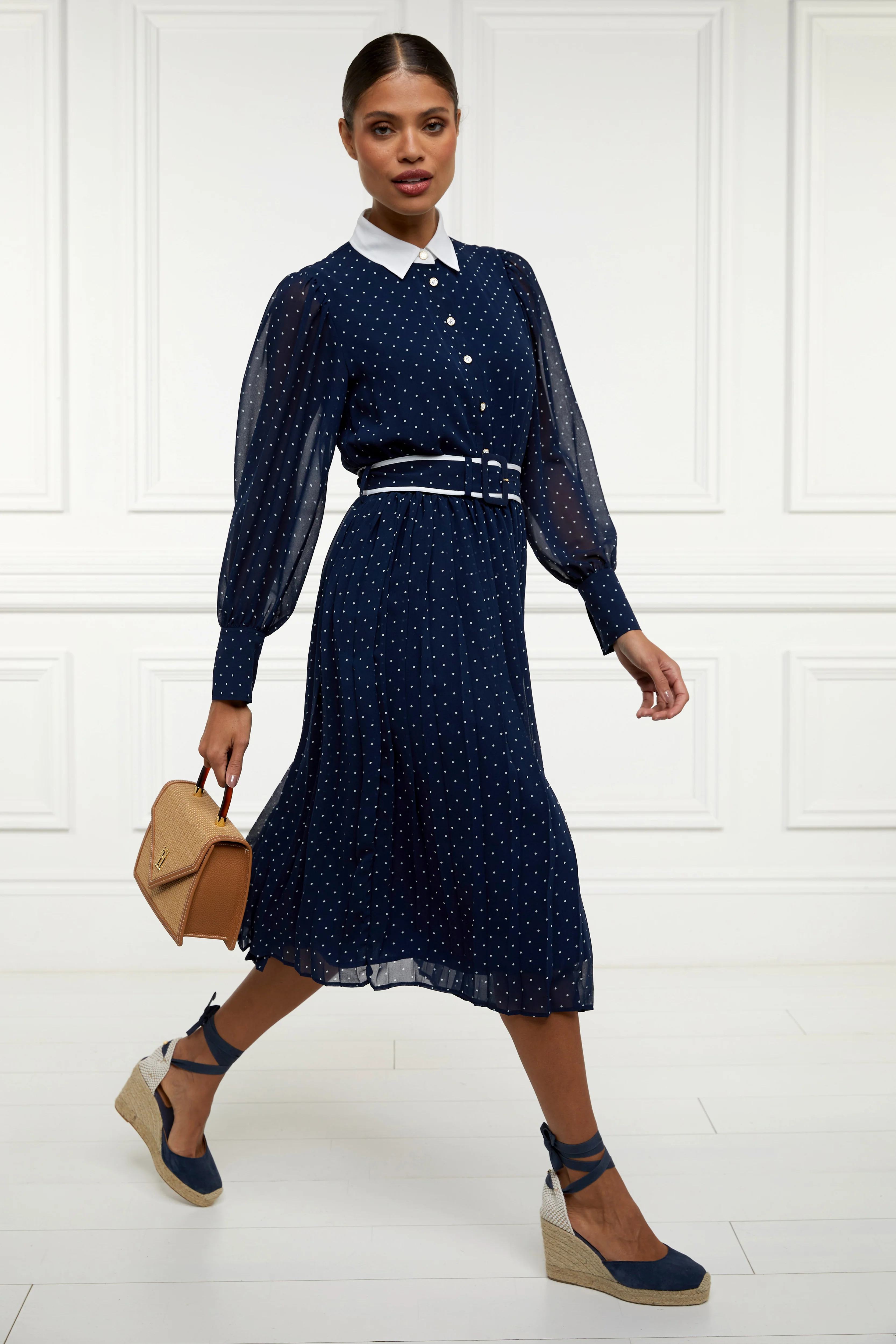 Annabel Pleated Midi Dress (Ink Navy Polka Dot) - Image 6