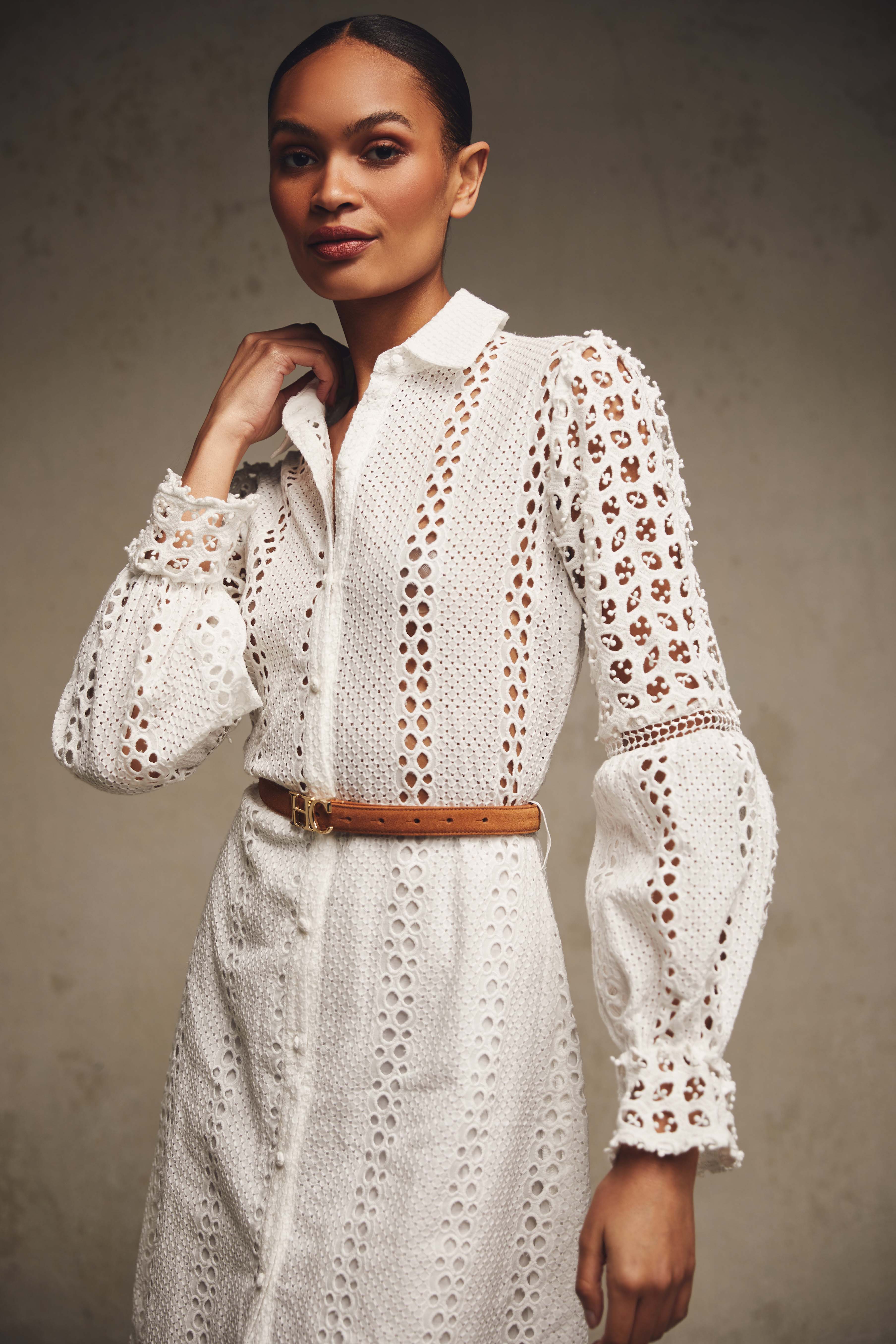 Broderie Lace Tie Midi Dress (White) - Image 2