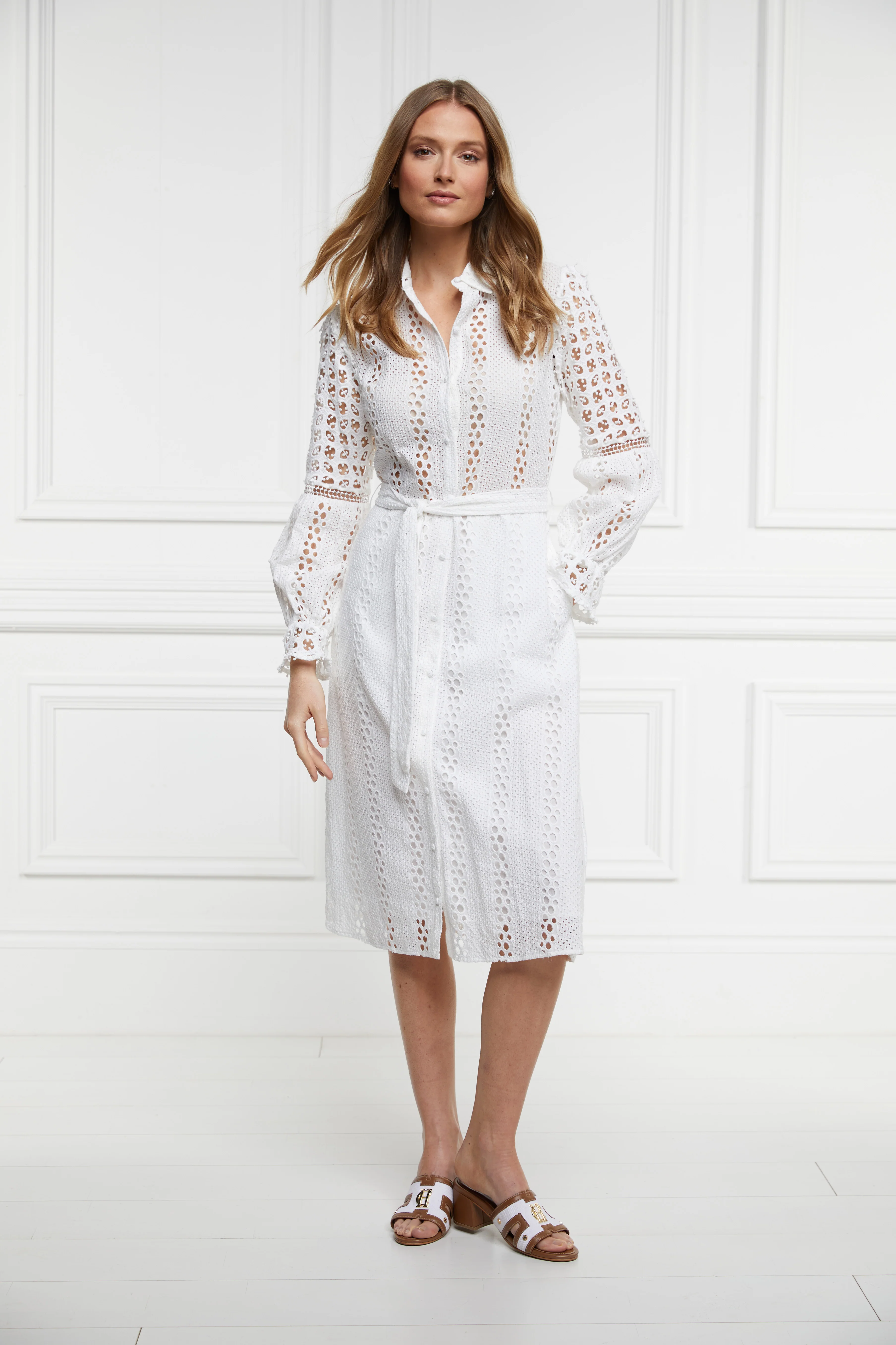 Broderie Lace Tie Midi Dress (White) - Image 6