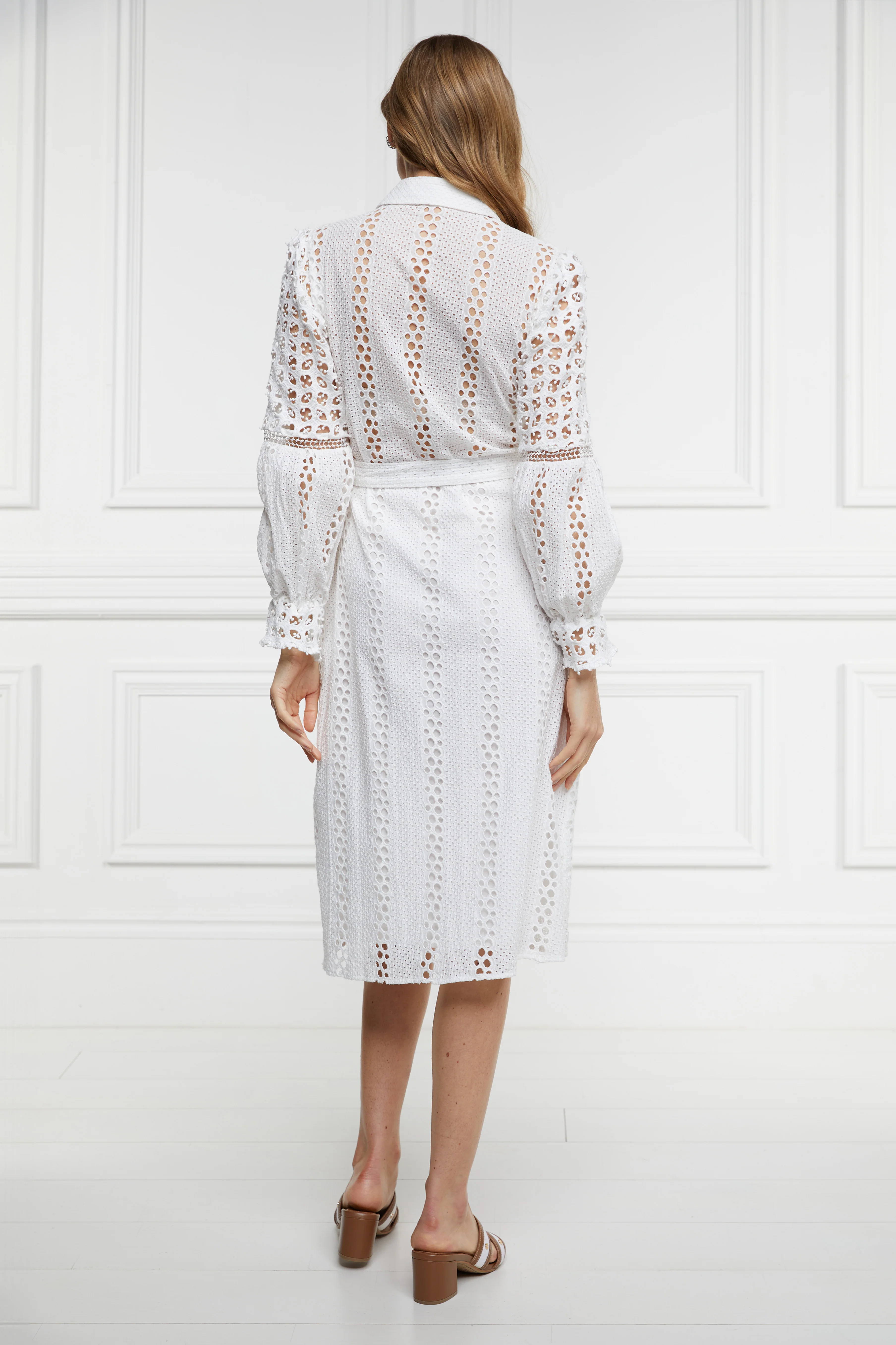 Broderie Lace Tie Midi Dress (White) - Image 7