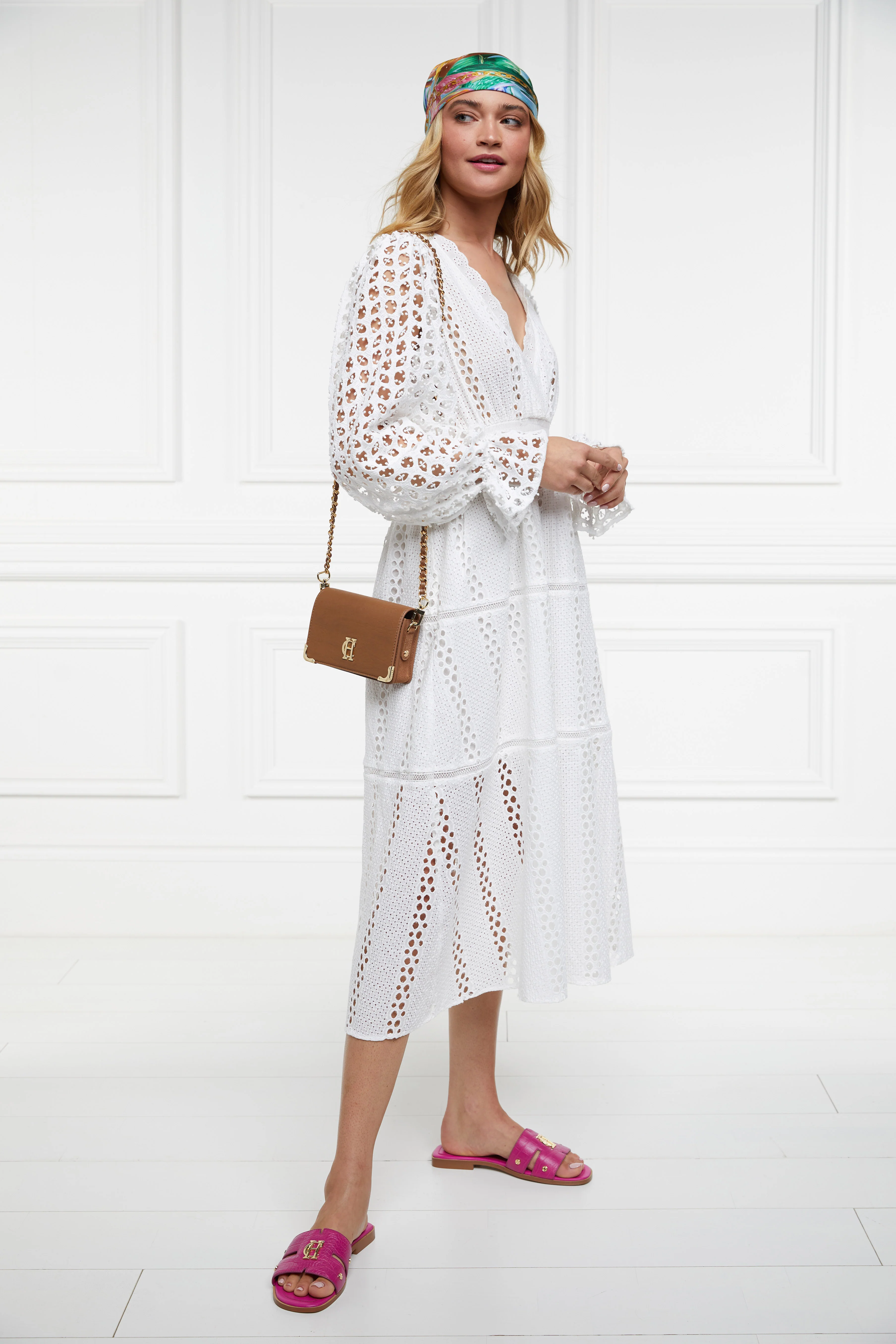 Broderie Lace V-Neck Midi Dress (White) - Image 2