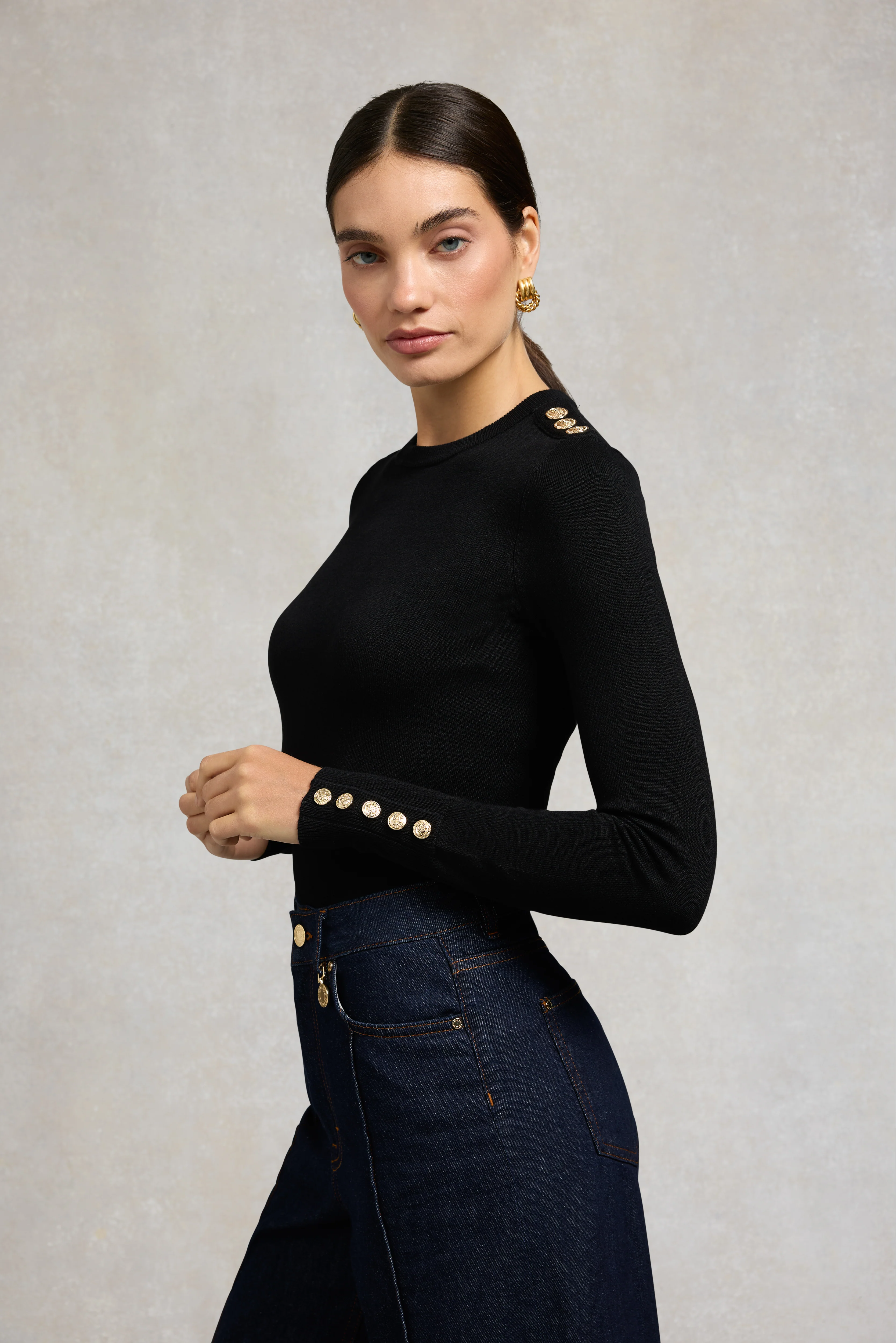 Buttoned Knit Crew Neck (Black) - Image 7