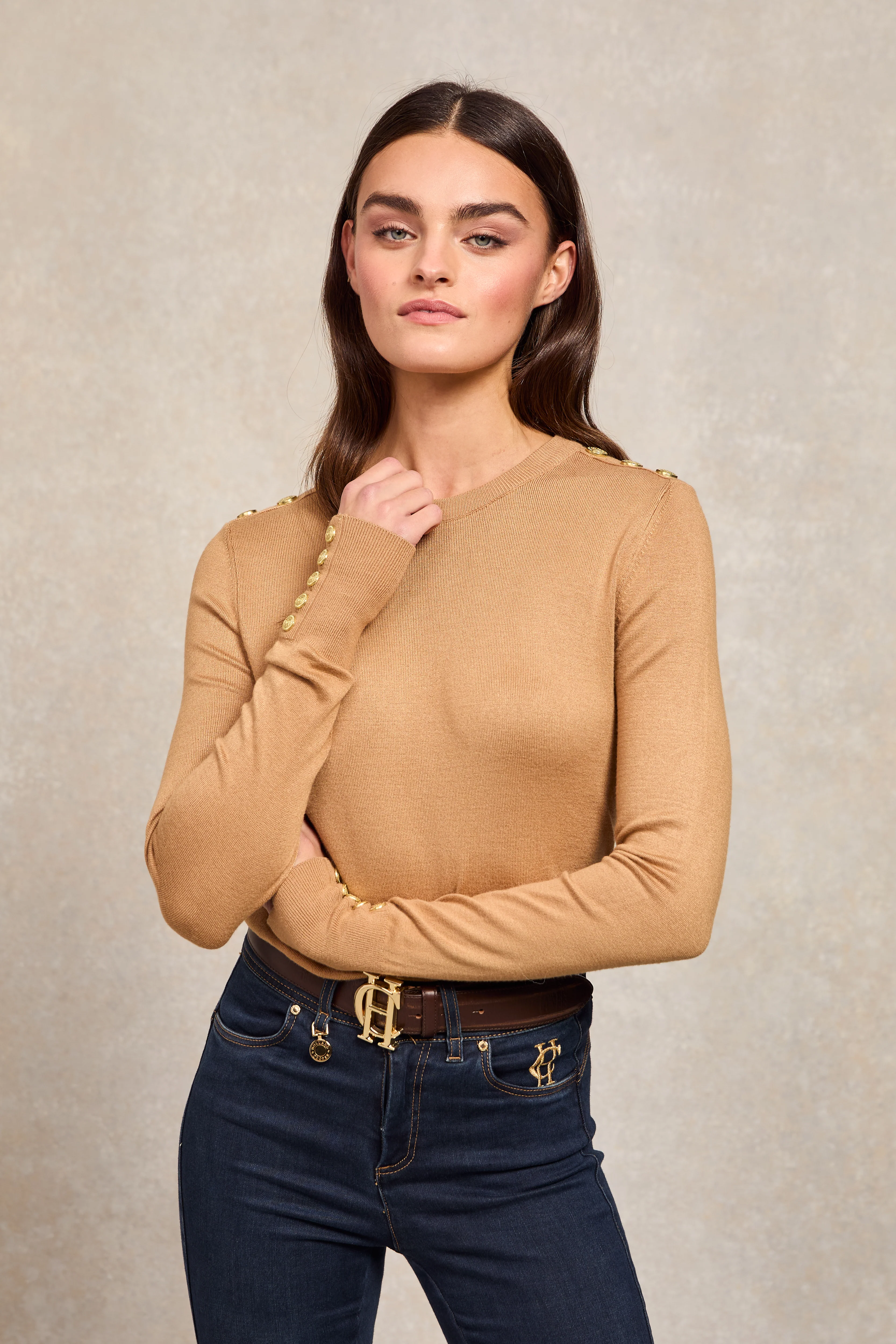 Buttoned Knit Crew Neck (Dark Camel) - Image 8