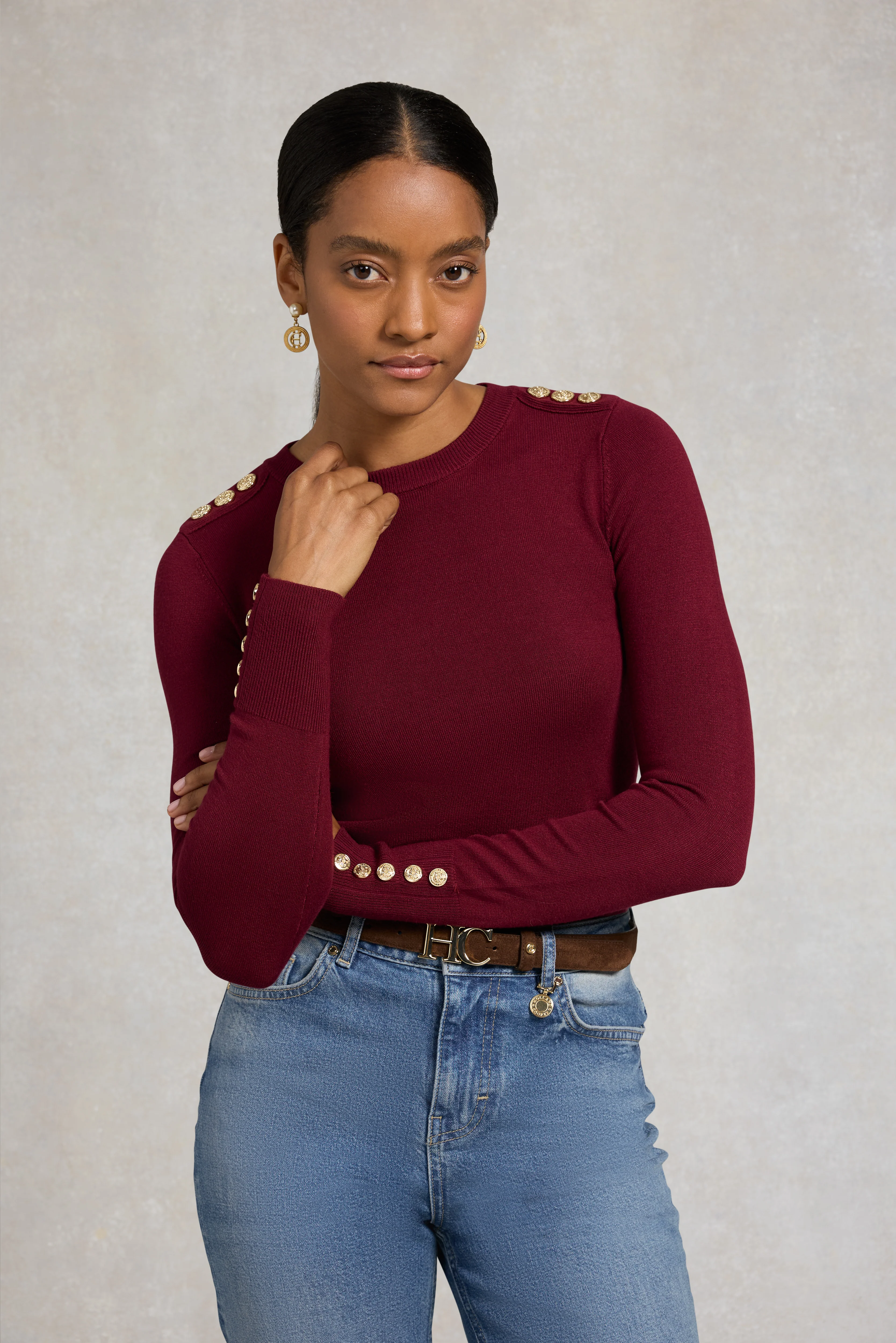 Buttoned Knit Crew Neck (Wine) - Image 8