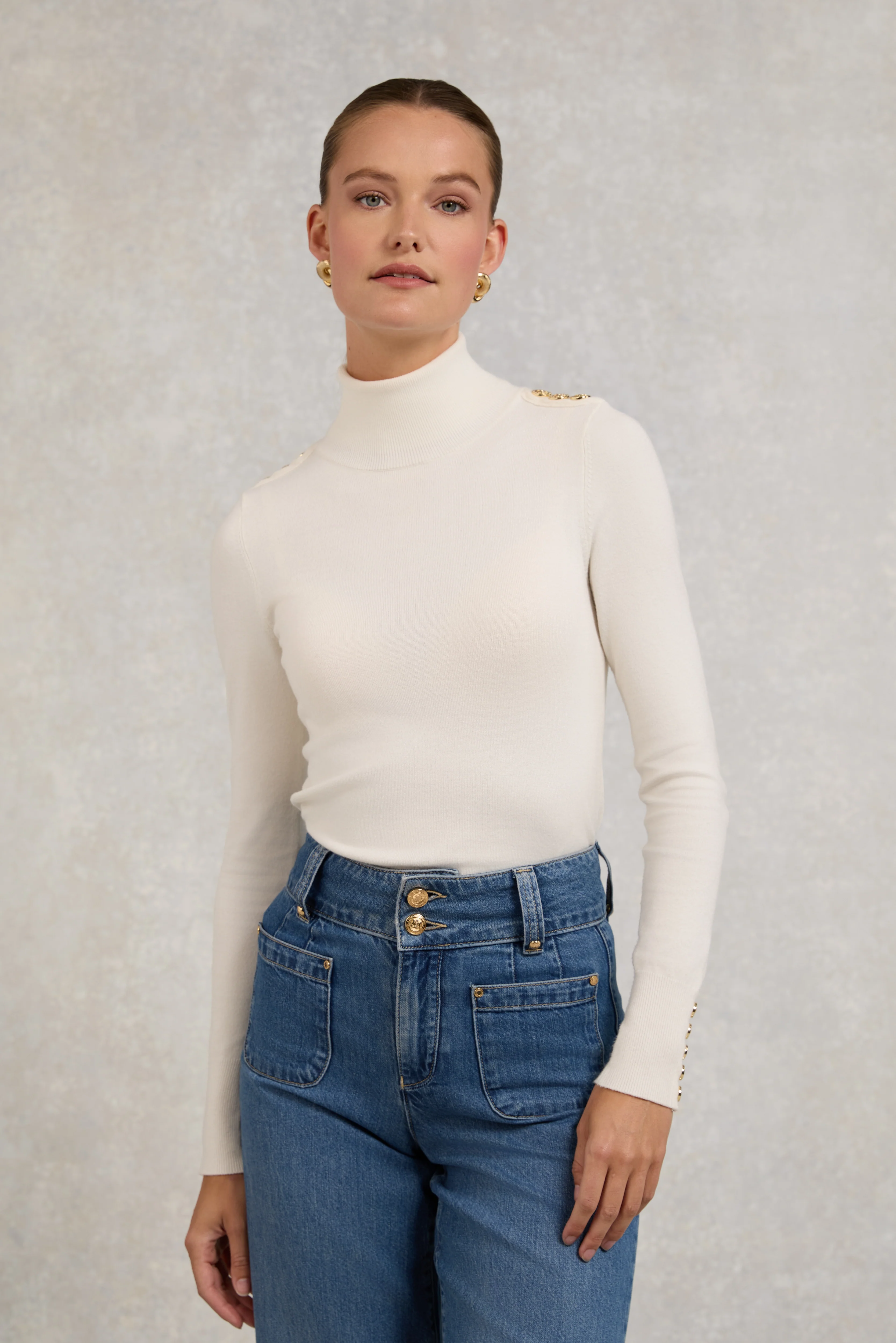 Buttoned Knit Roll Neck (Cream)