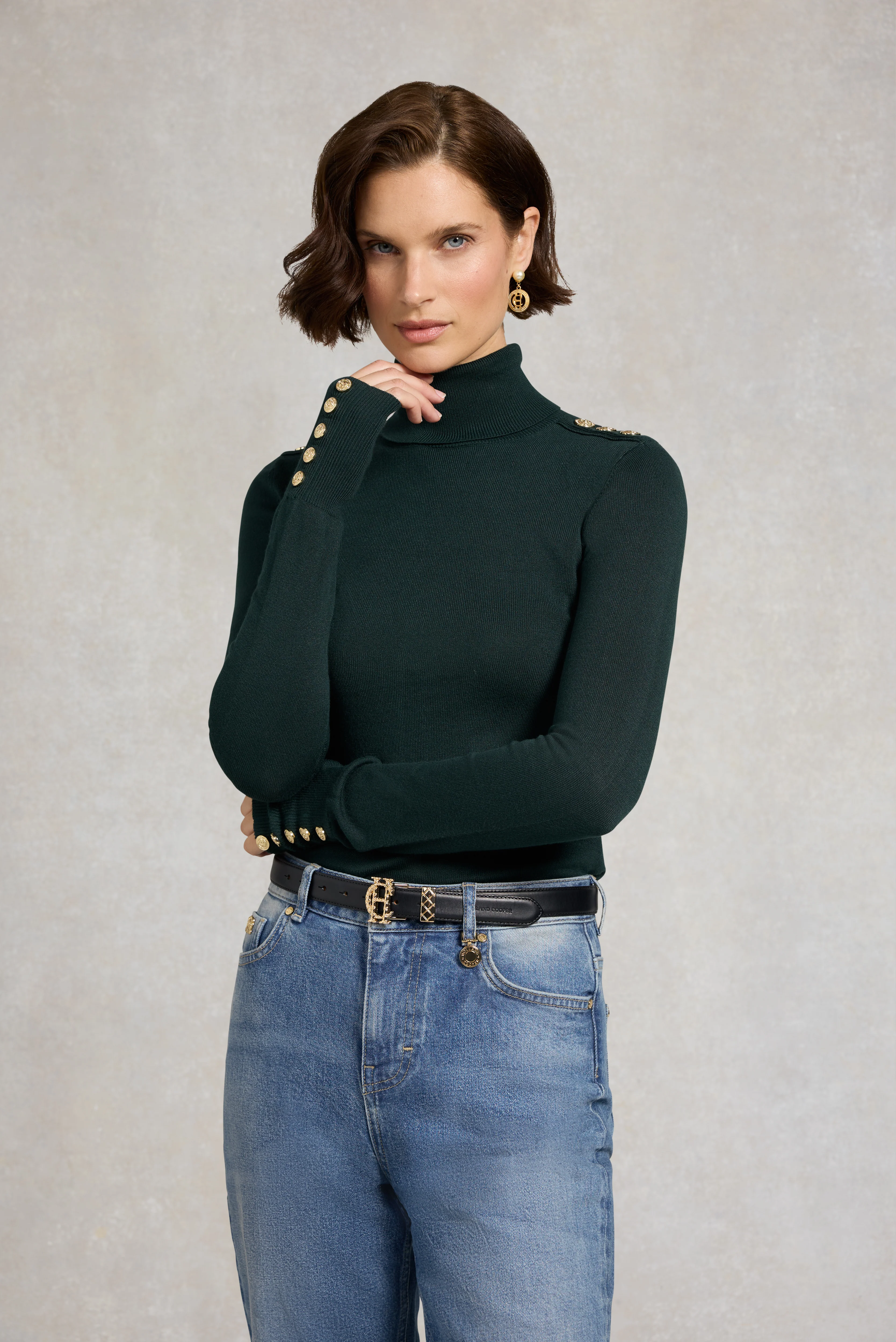Buttoned Knit Roll Neck (Deep Emerald) - Image 2