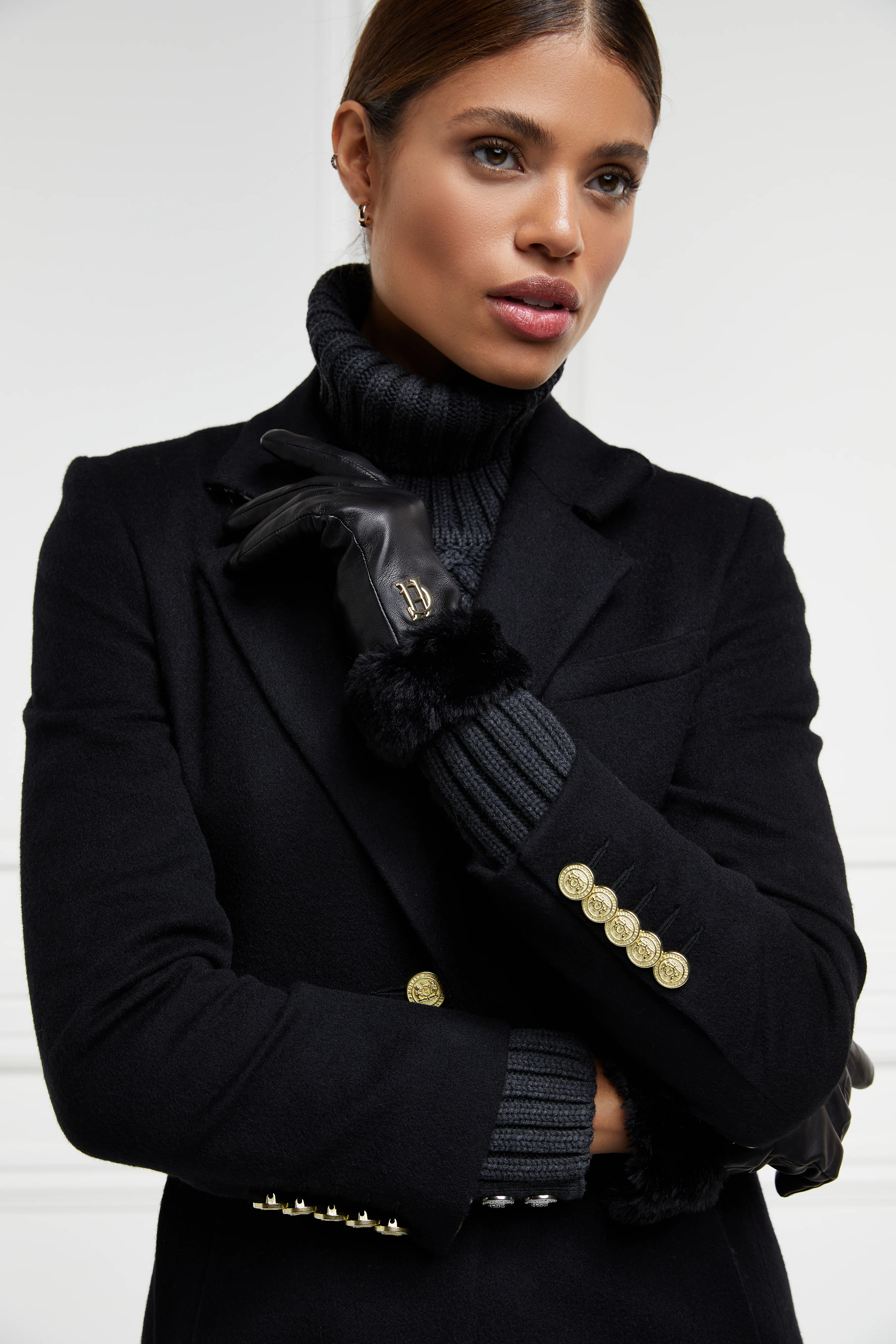 Cashmere Lined Faux Trim Leather Gloves (Black) - Image 3