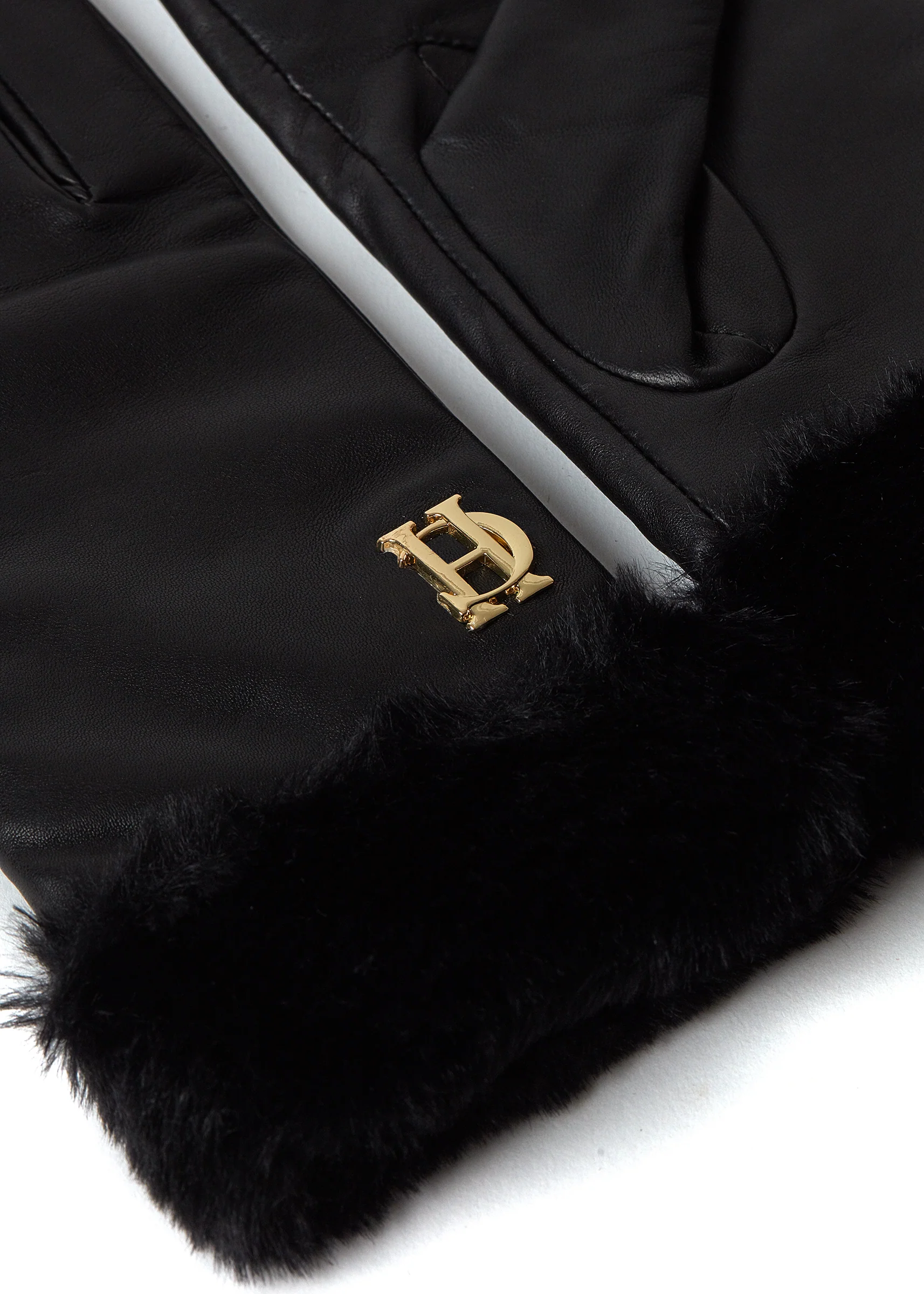Cashmere Lined Faux Trim Leather Gloves (Black) - Image 4