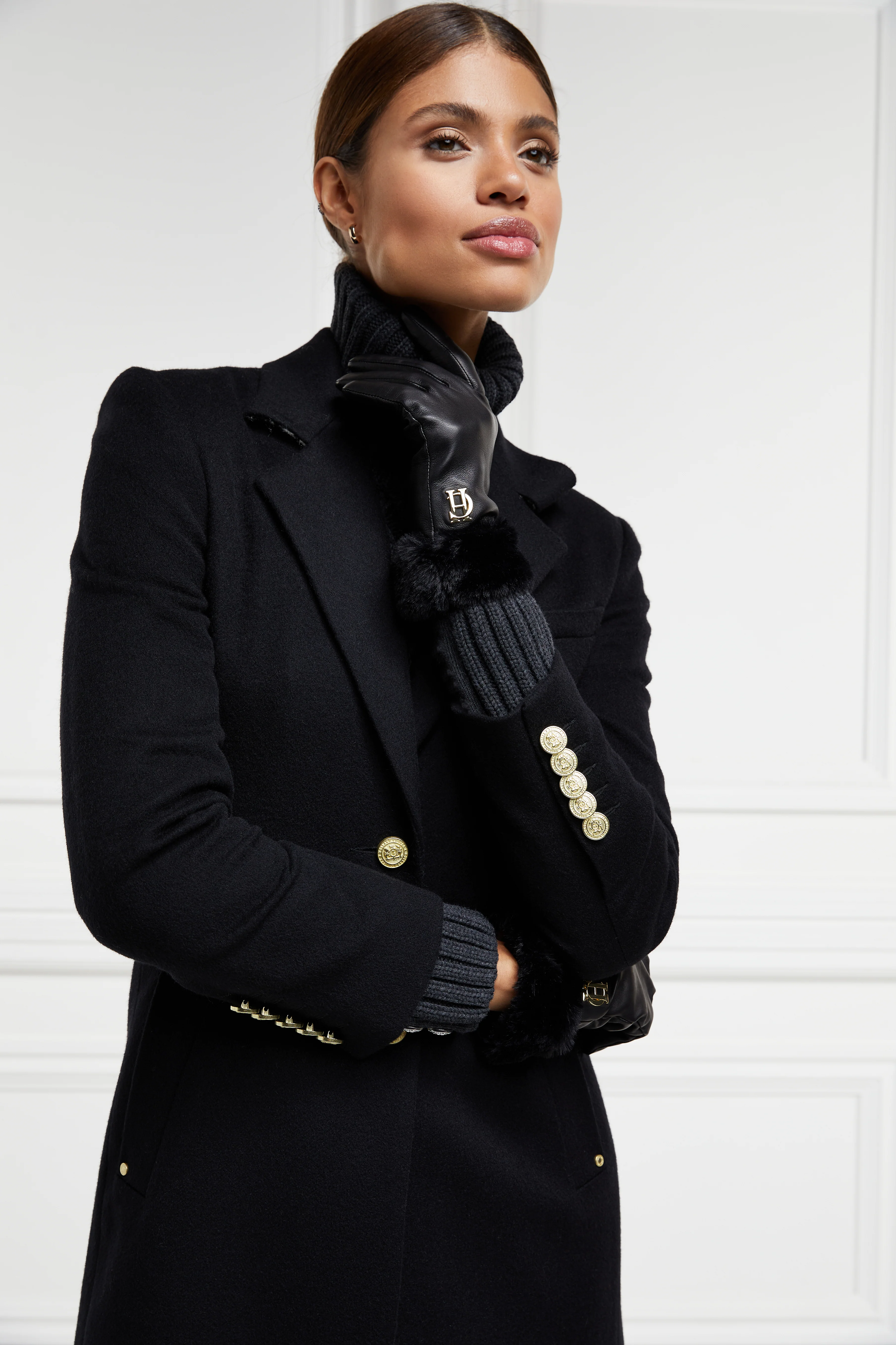 Cashmere Lined Faux Trim Leather Gloves (Black) - Image 6