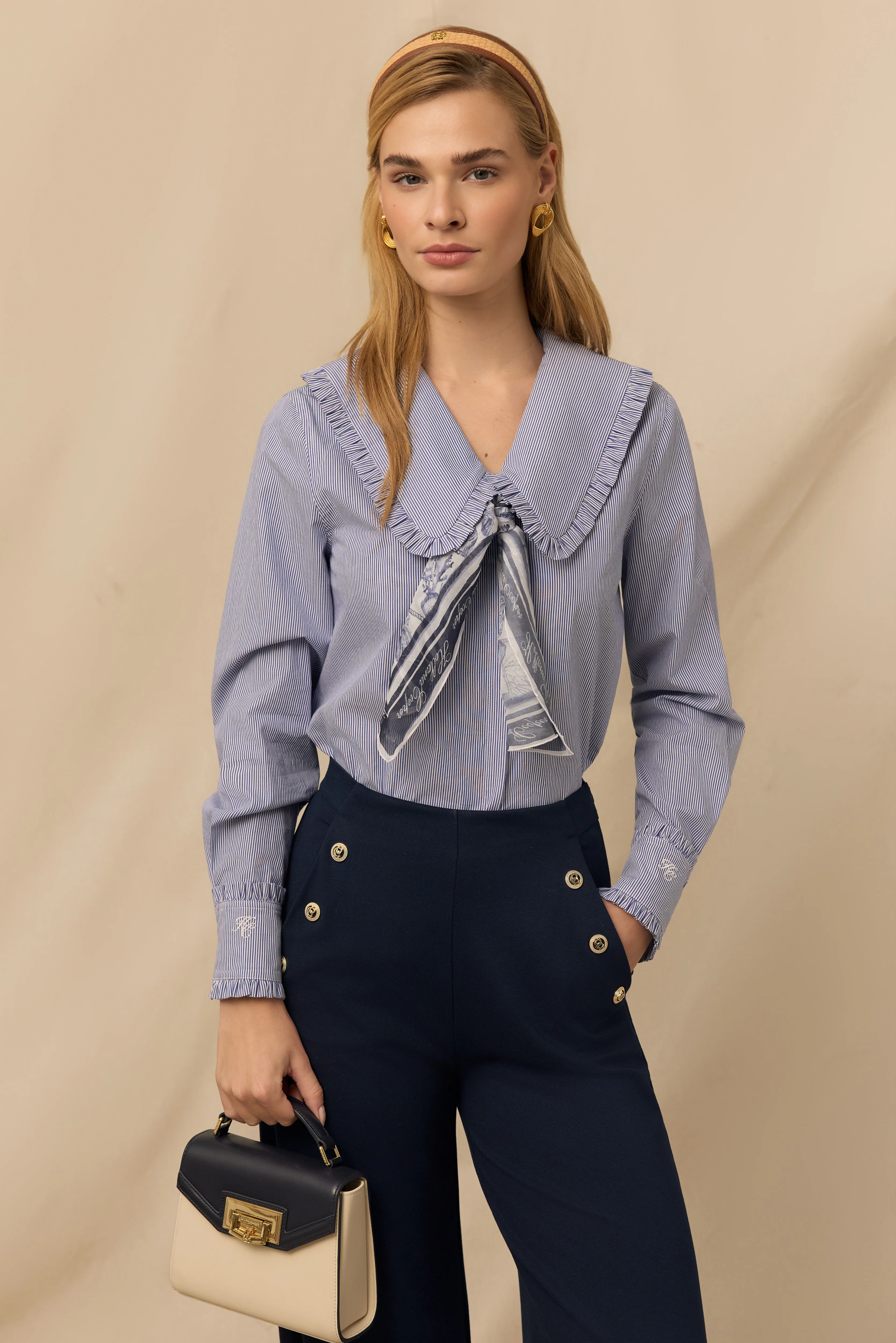 Clementine Ruffle Collar Shirt (Yacht Blue Stripe)