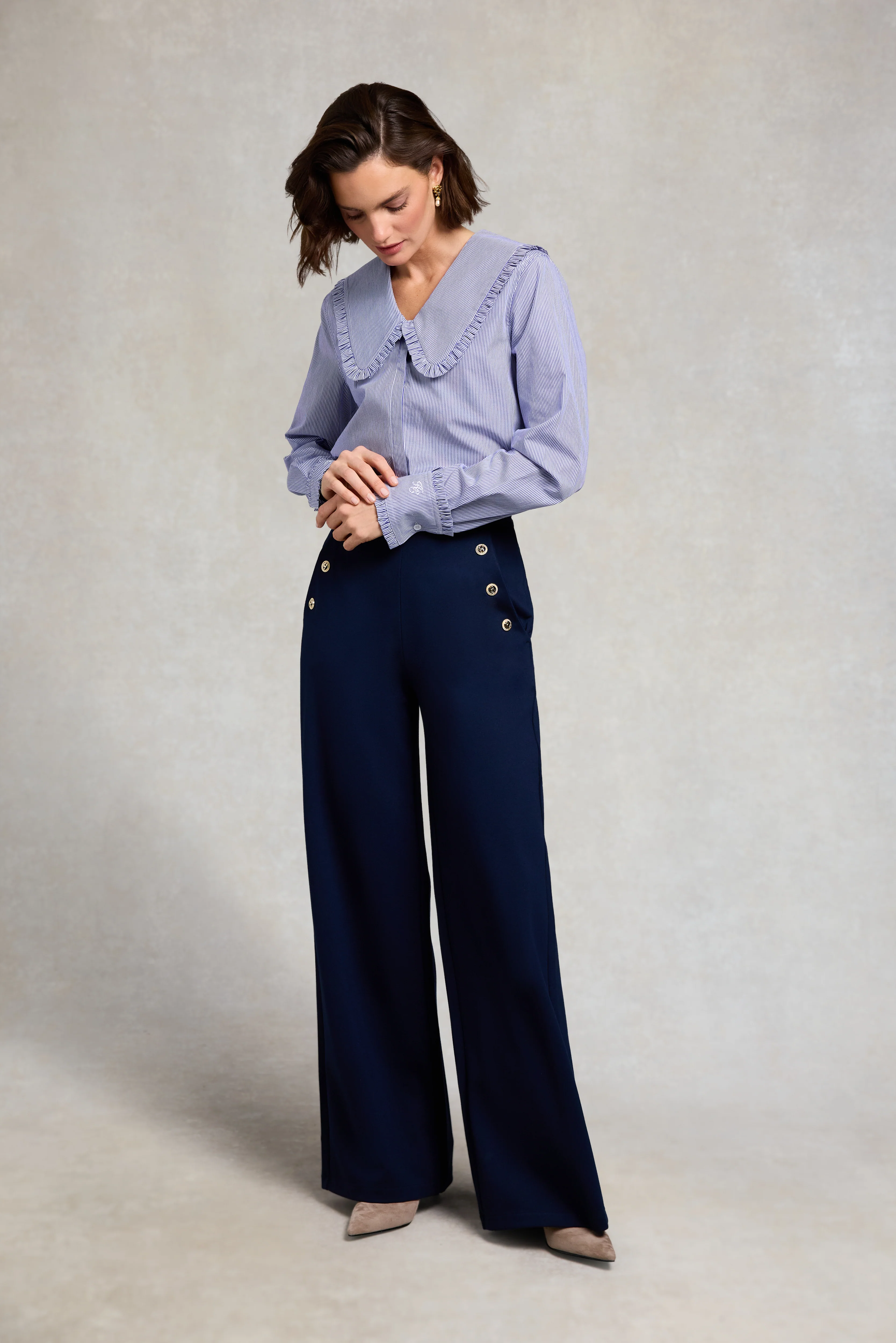 Clementine Ruffle Collar Shirt (Yacht Blue Stripe) - Image 5