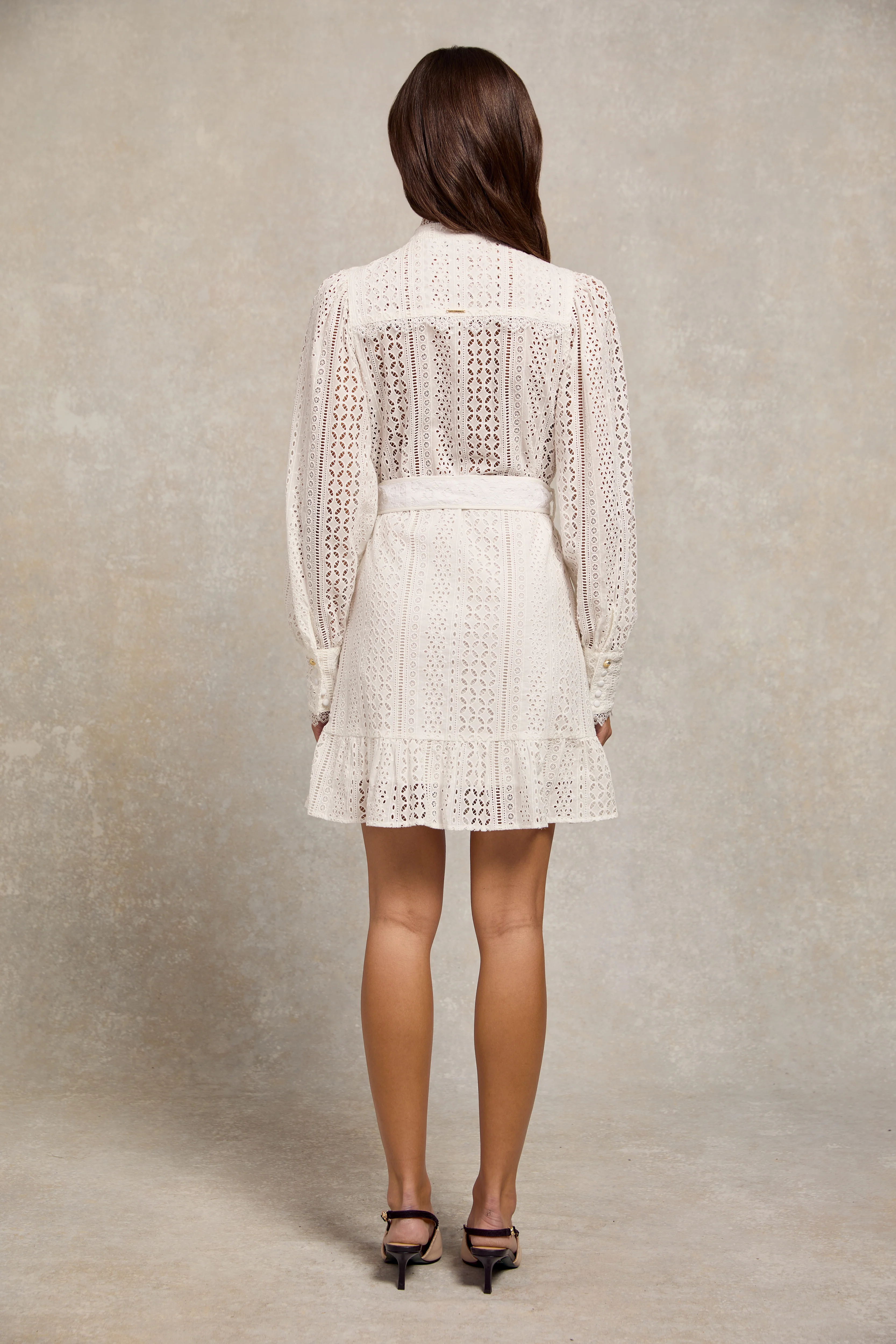 Collarless Broderie Mini Dress (White) - Image 6