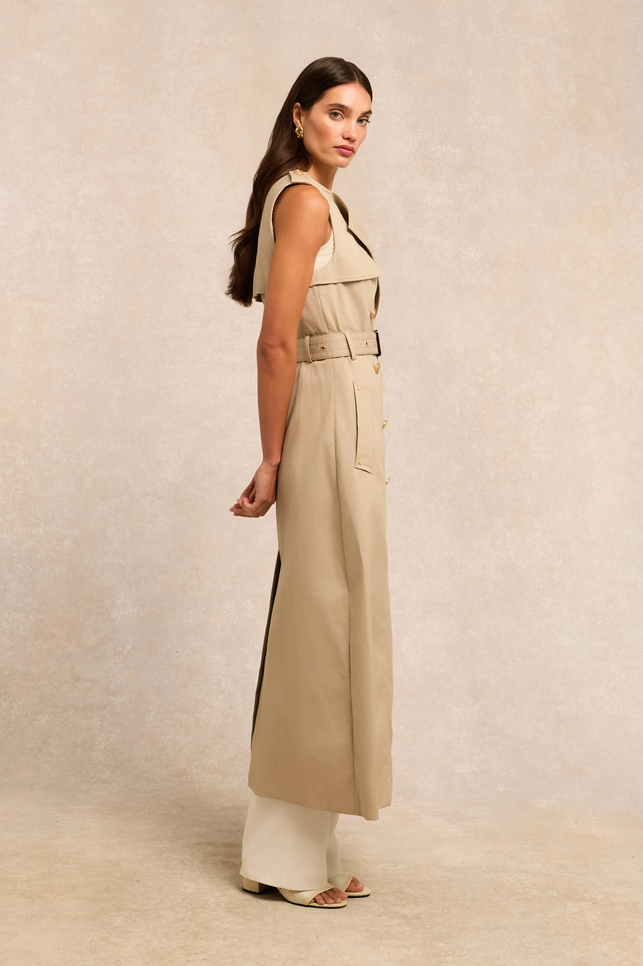 Collarless Trench Gilet (French Grey) - Image 2