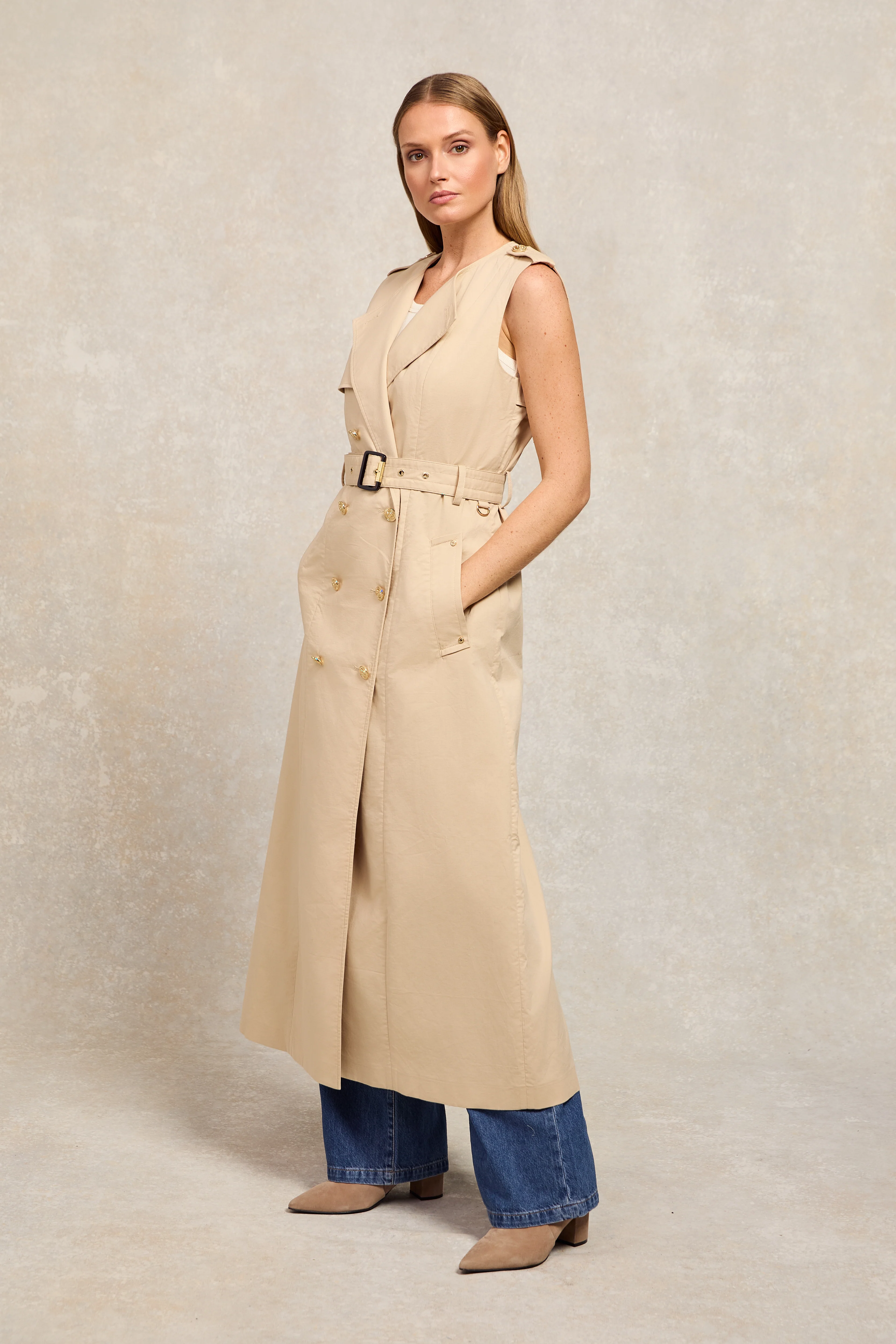 Collarless Trench Gilet (Stone) - Image 2