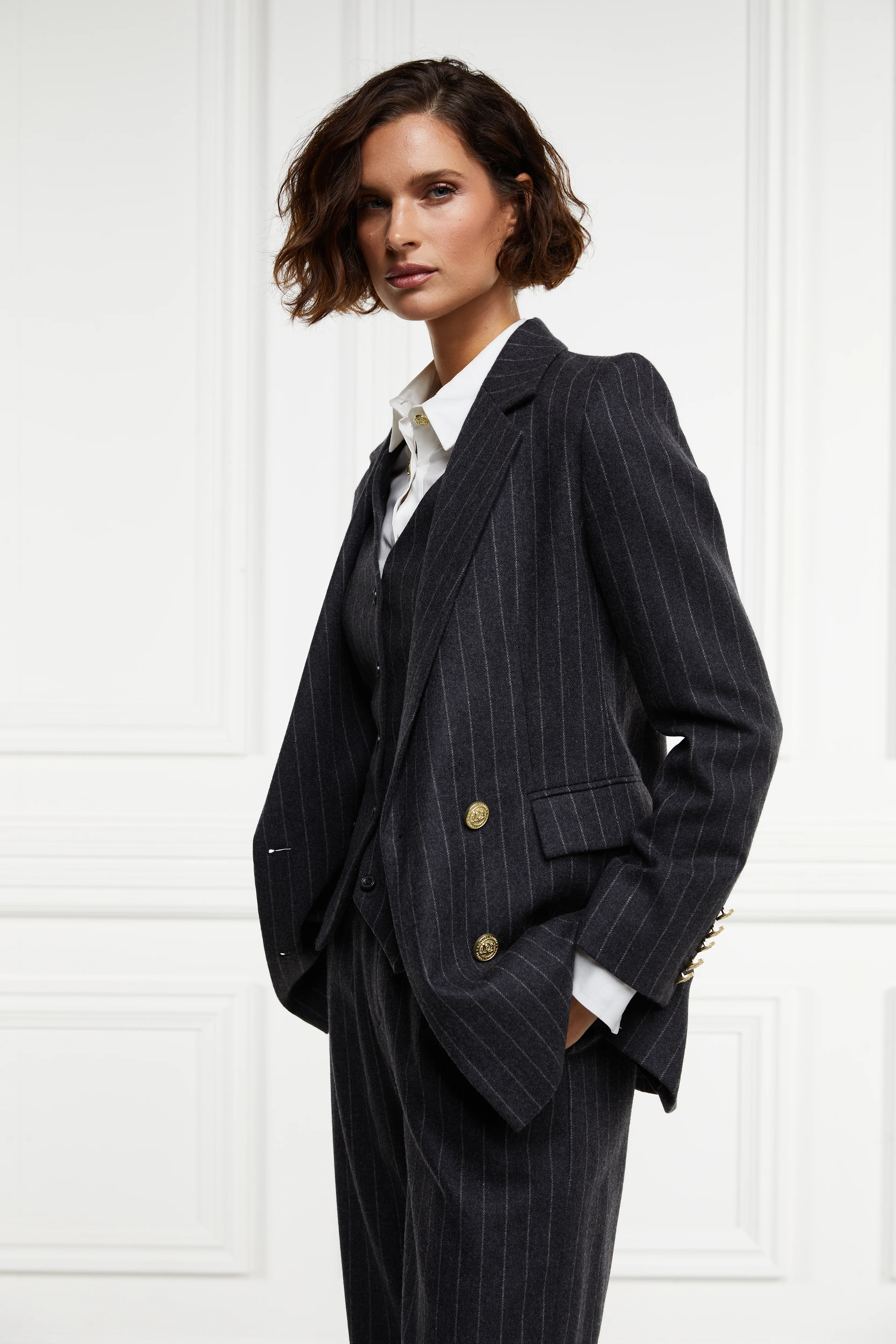 Double Breasted Blazer (Charcoal Pinstripe) - Image 2