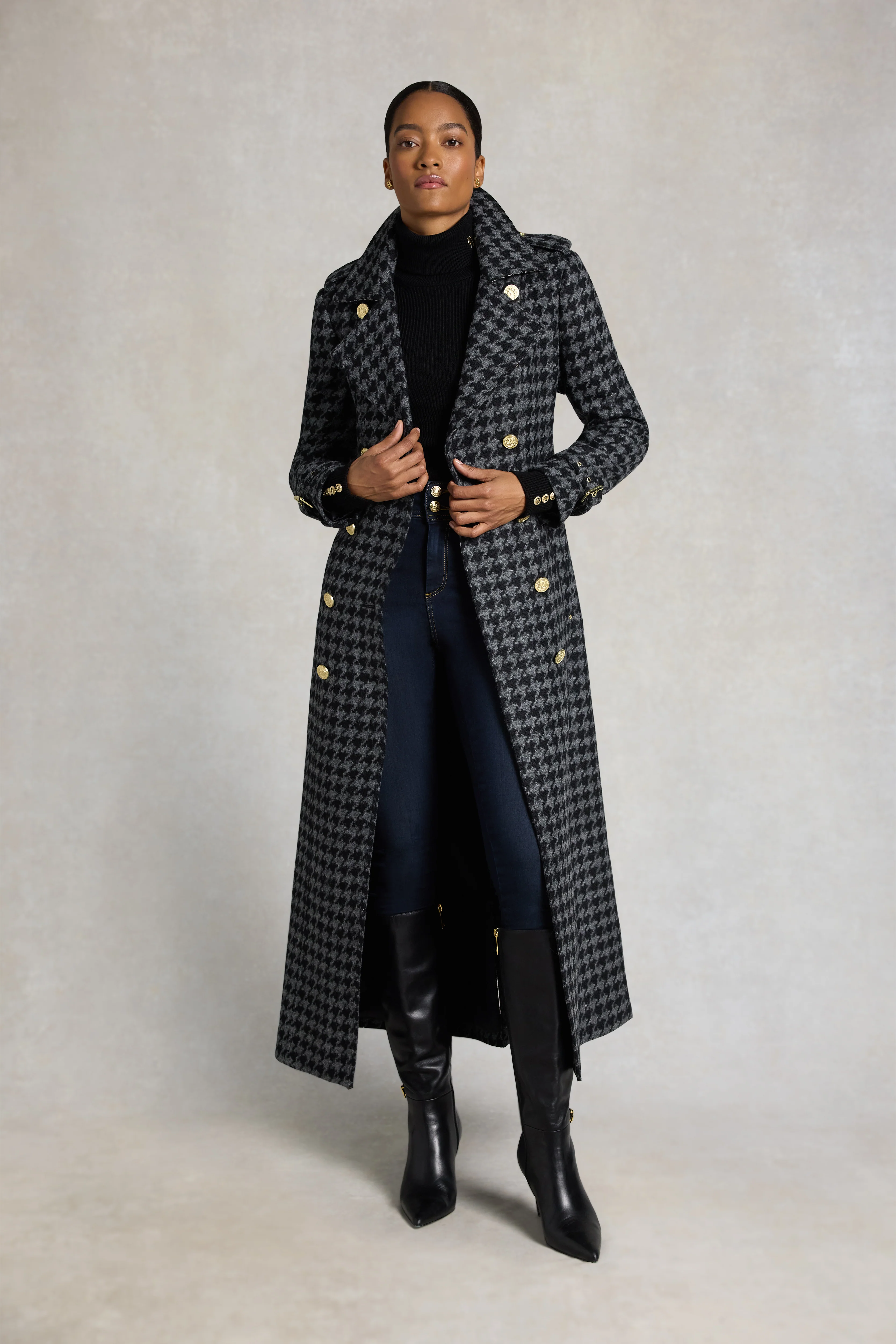 Full Length Chelsea Trench Coat (Large Scale Charcoal Houndstooth)