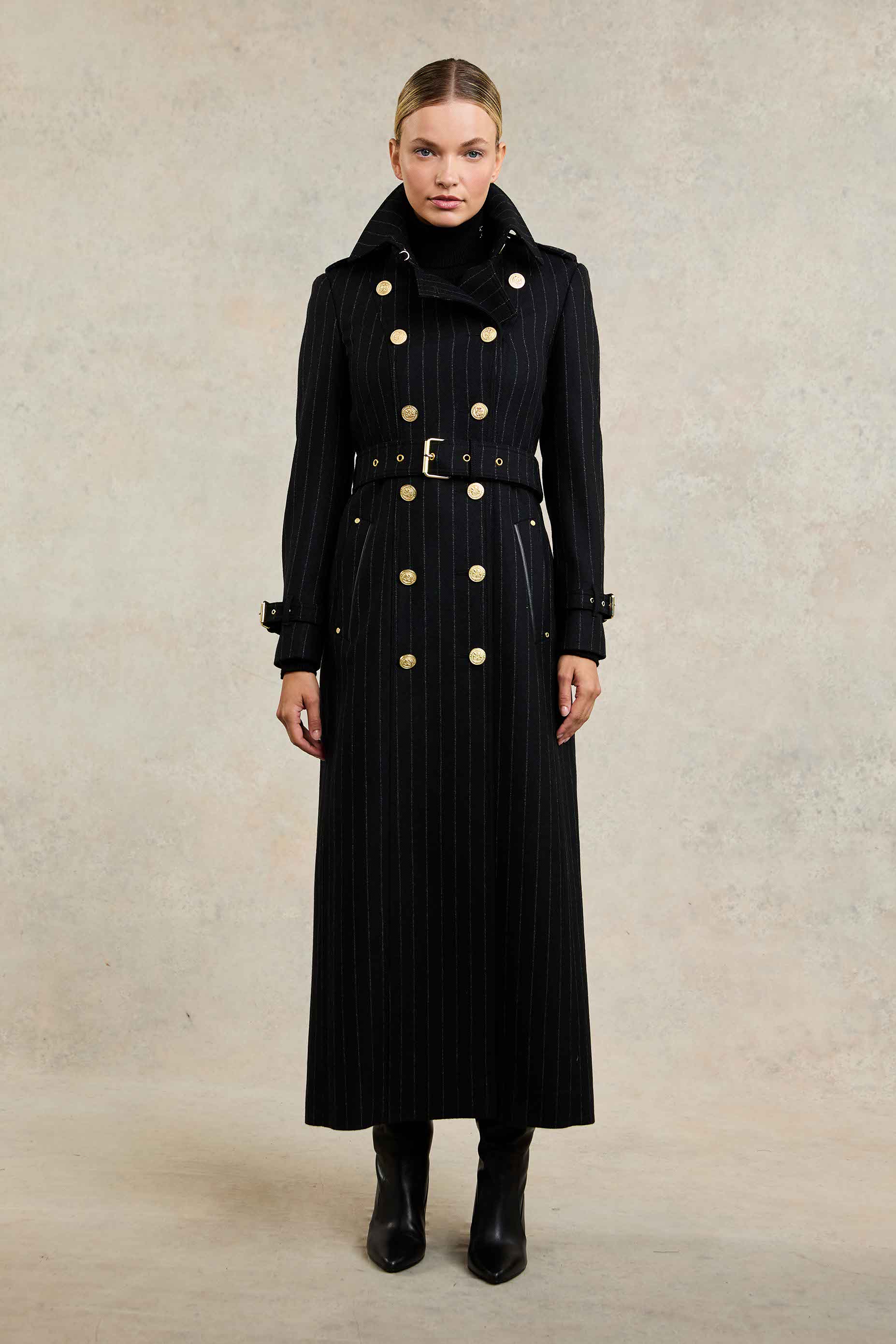 Full Length Marlborough Trench Coat (Black Pinstripe) - Image 3