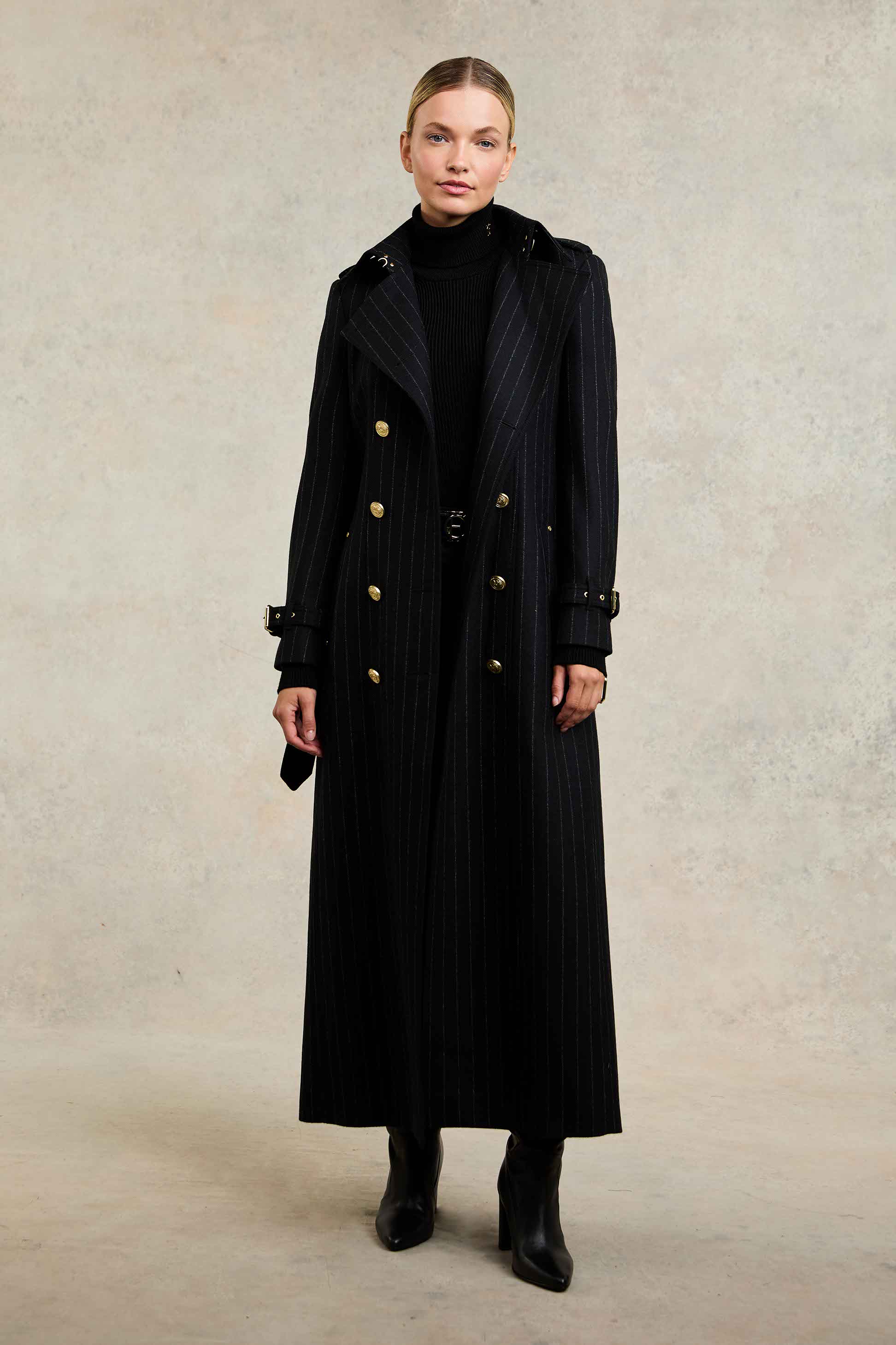 Full Length Marlborough Trench Coat (Black Pinstripe) - Image 8