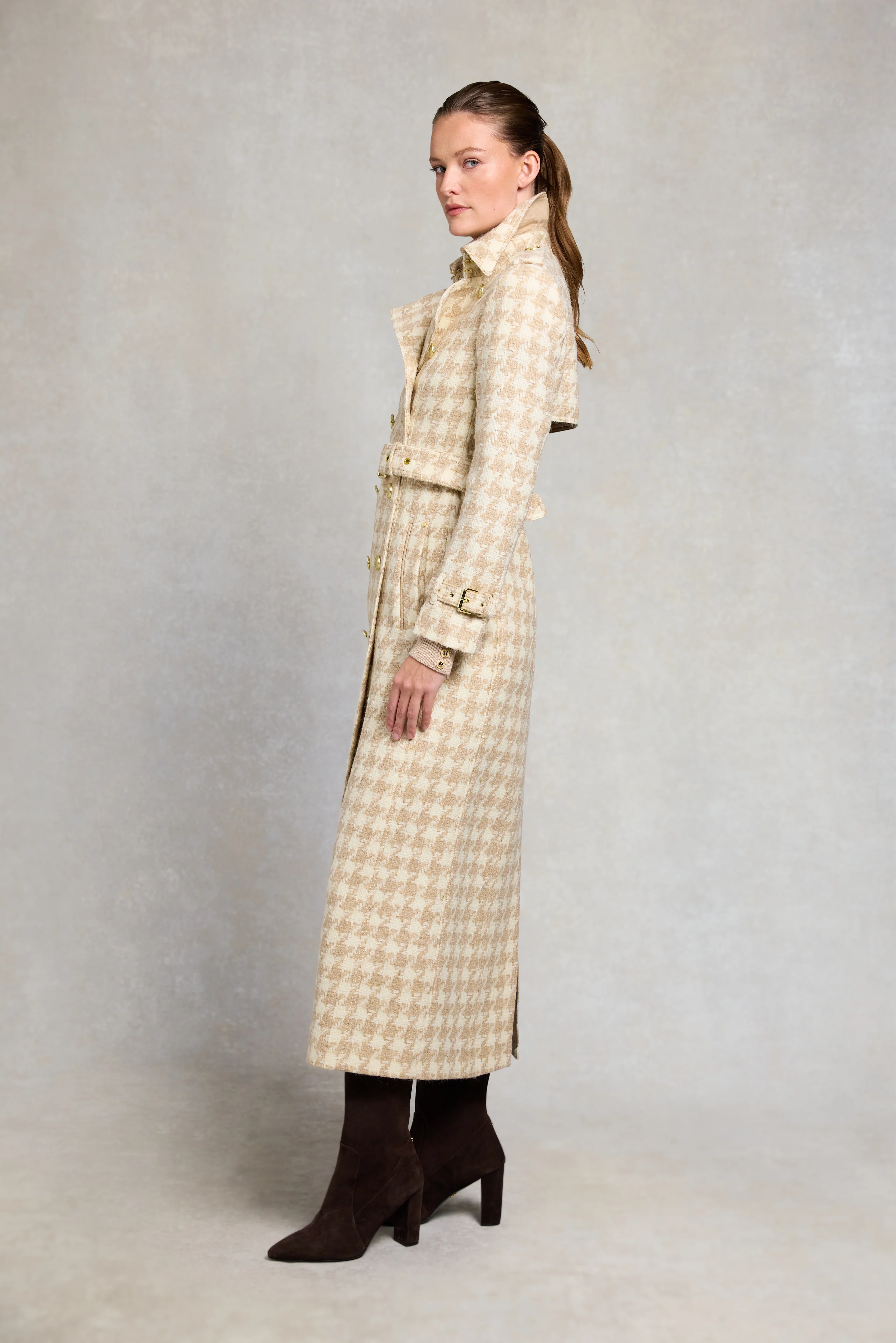 Full Length Marlborough Trench Coat (Camel Houndstooth) - Image 5