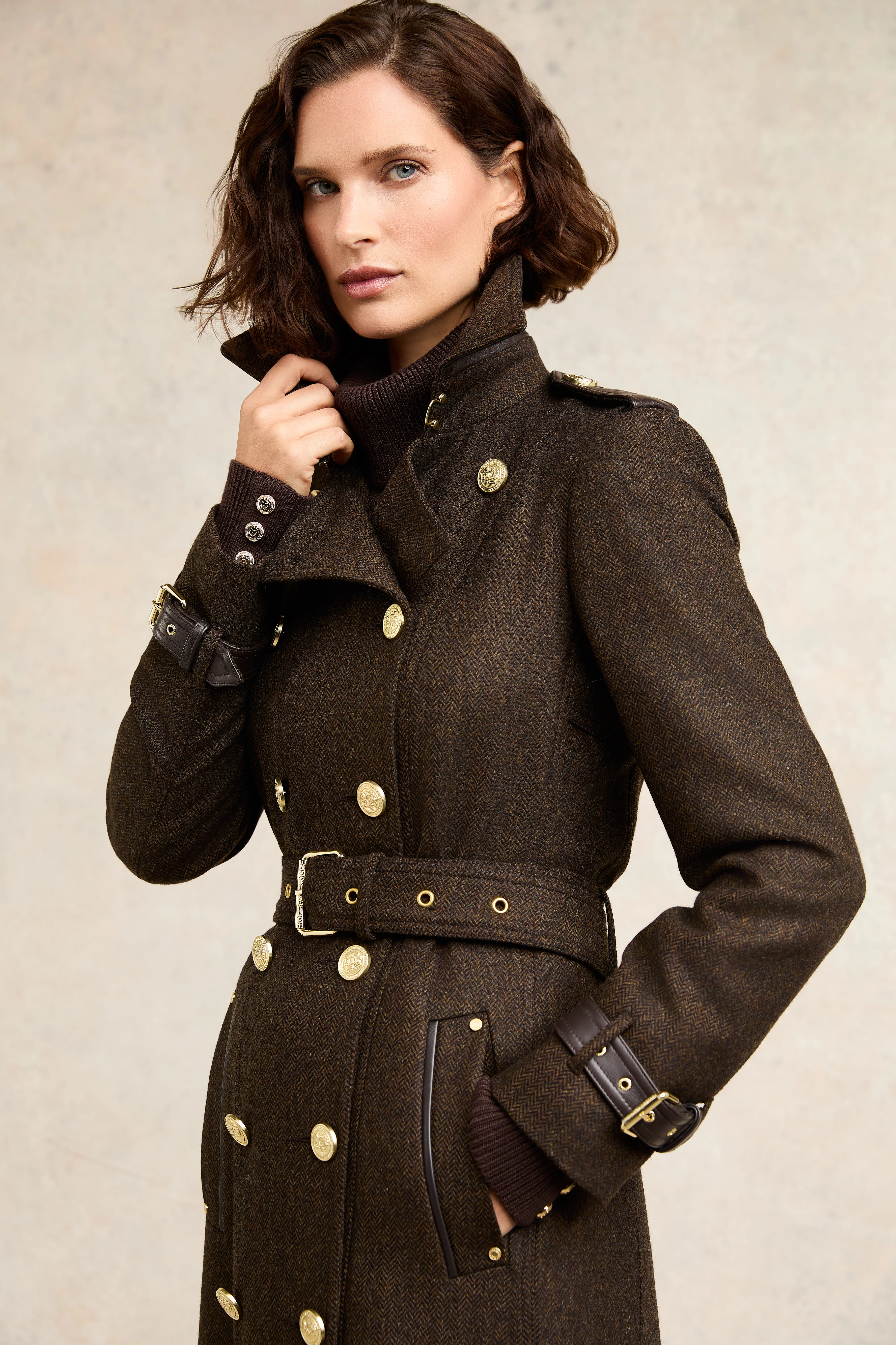 Full Length Marlborough Trench Coat (Chocolate Herringbone) - Image 2