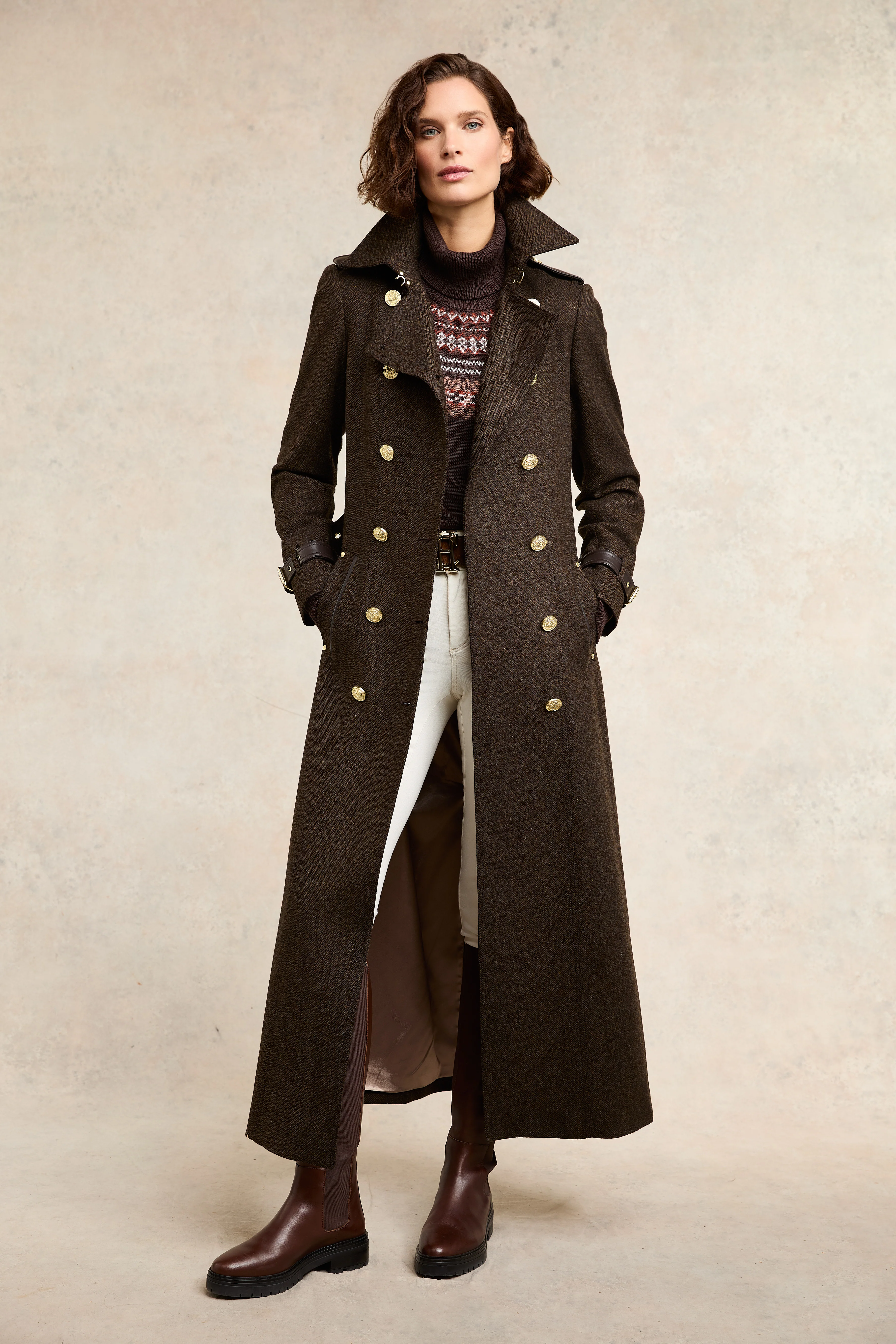 Full Length Marlborough Trench Coat (Chocolate Herringbone) - Image 3