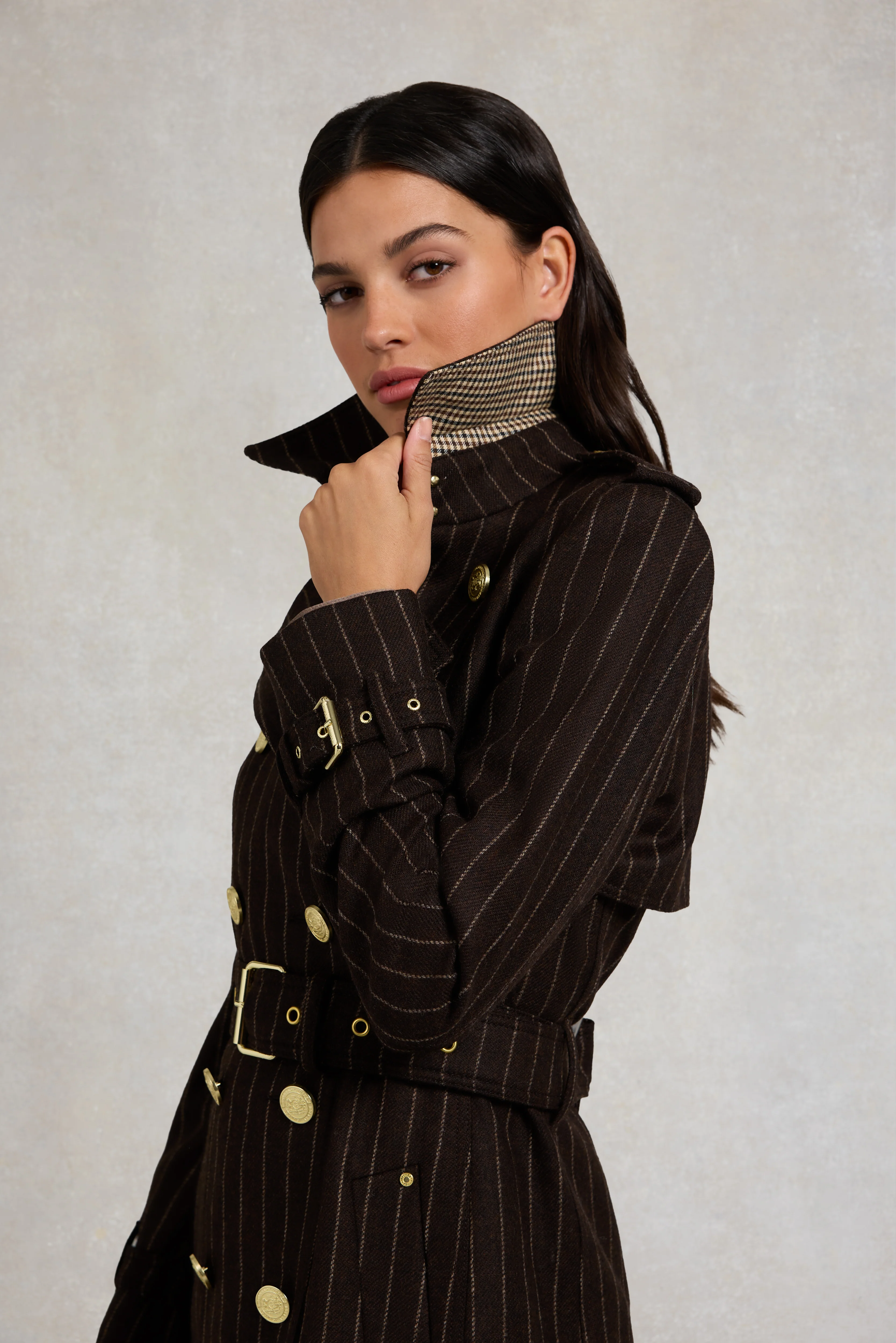 Full Length Marlborough Trench Coat (Chocolate Pinstripe) - Image 6
