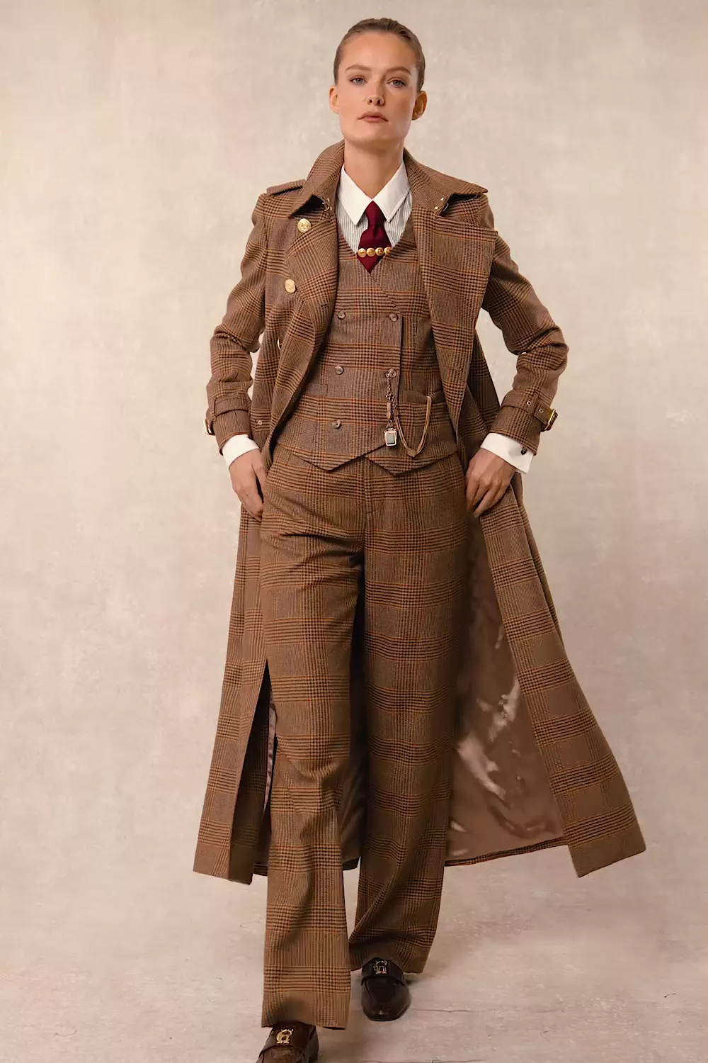 Full Length Marlborough Trench Coat (Clarence Check Merlot) - Image 5