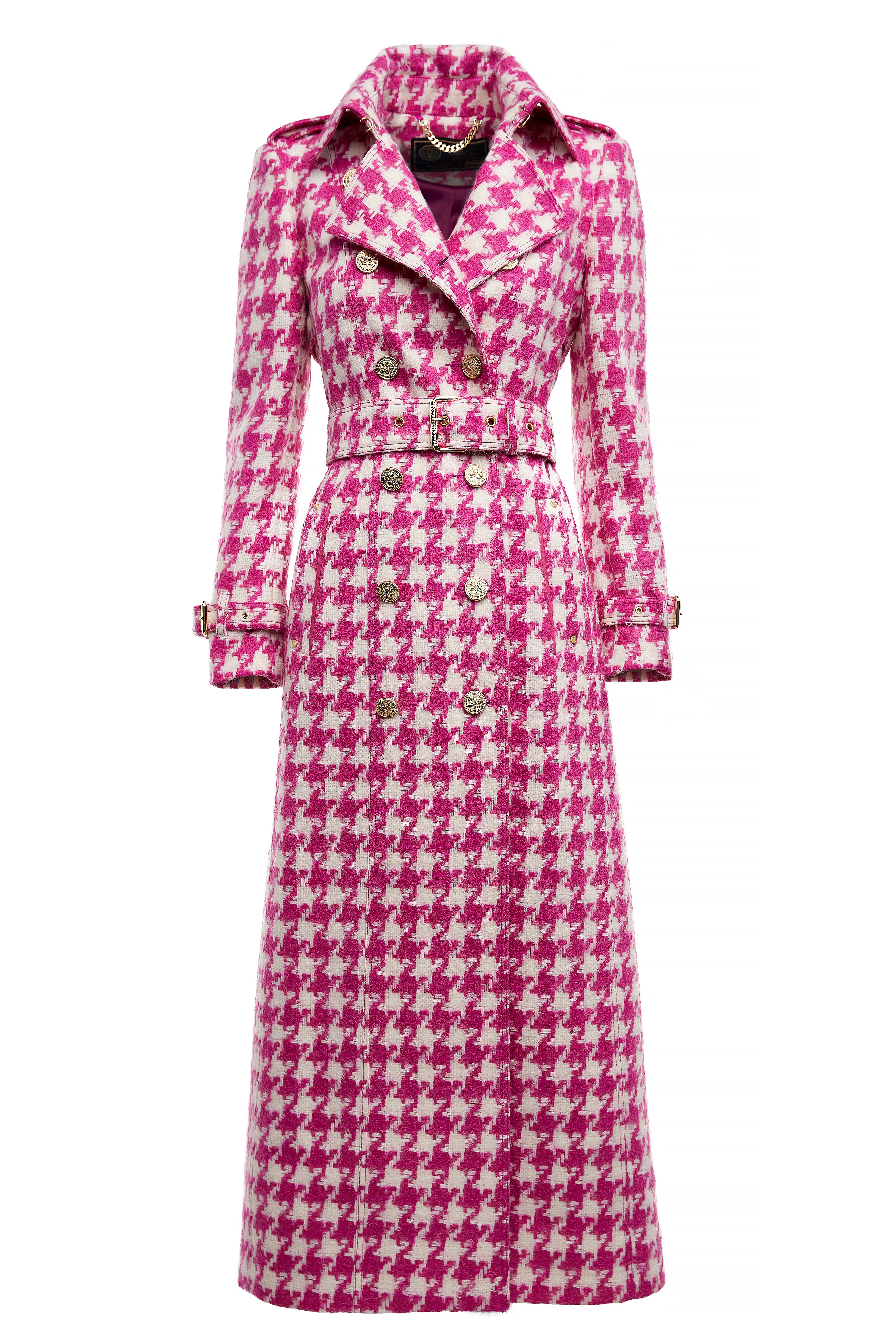 Full Length Marlborough Trench Coat (Hot Pink Large Scale Houndstooth) - Image 5