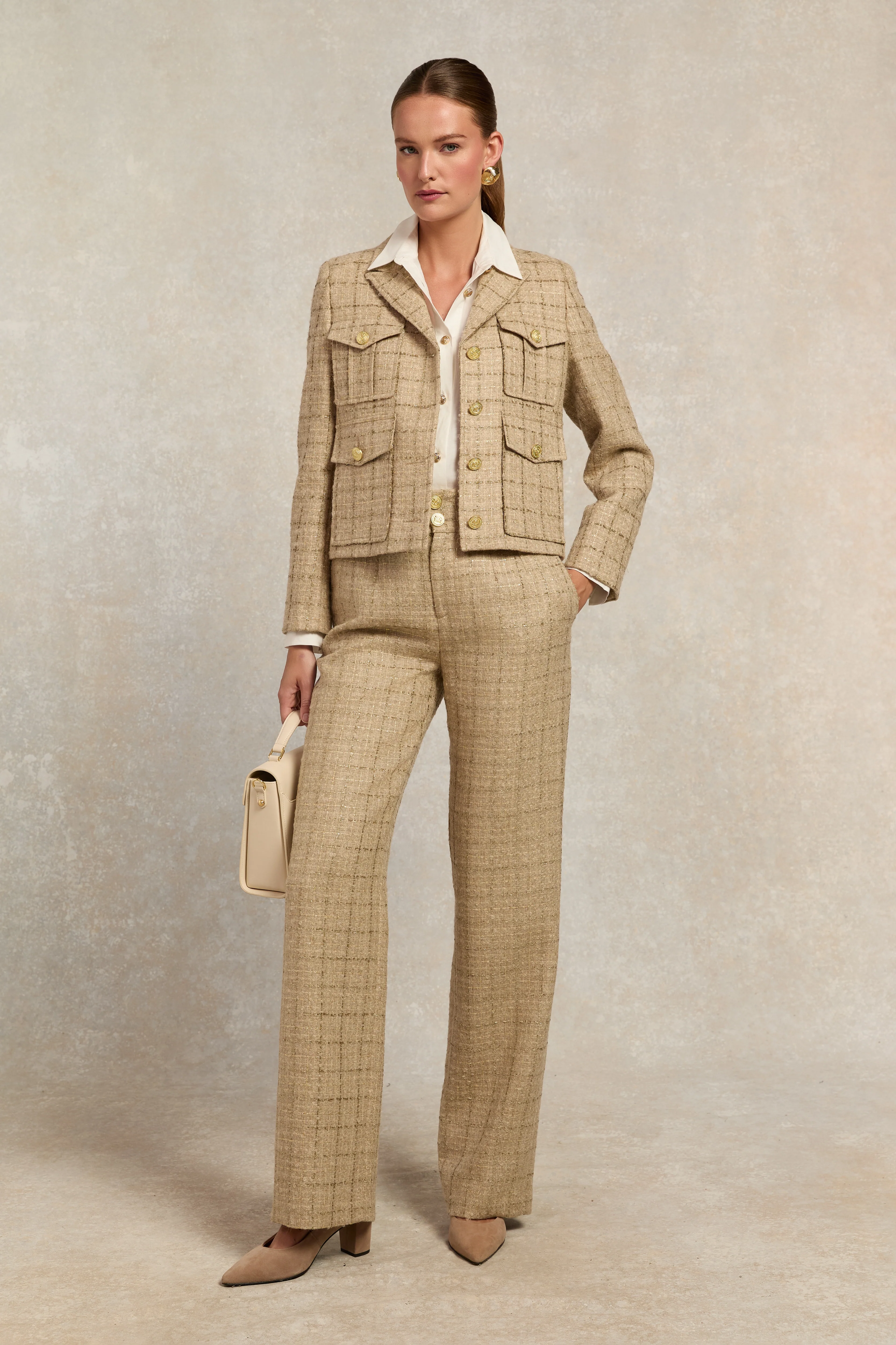 High Waisted Straight Trouser (Camel Sparkle Tweed) - Image 3