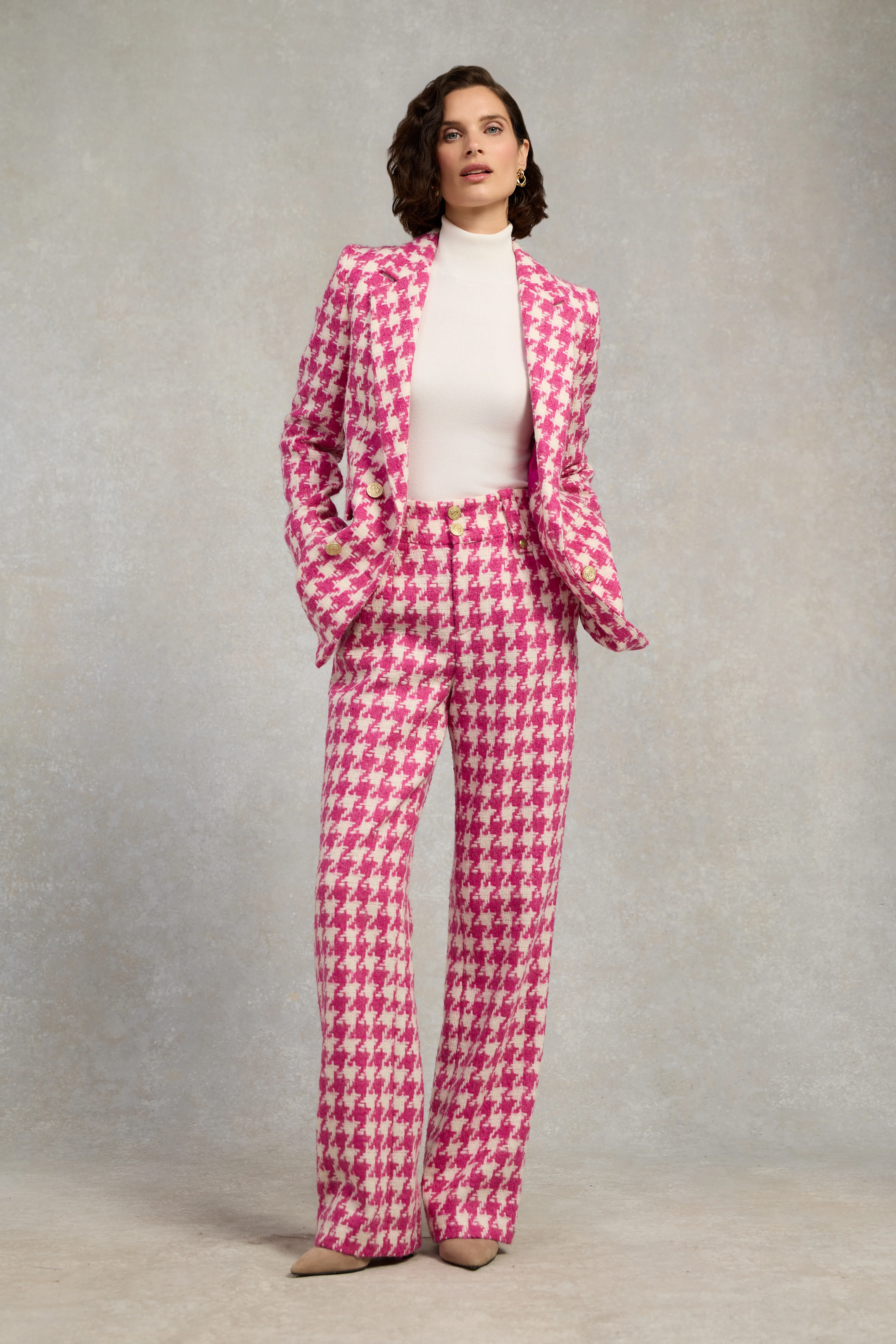 High Waisted Straight Trouser (Hot Pink Large Scale Houndstooth) - Image 3