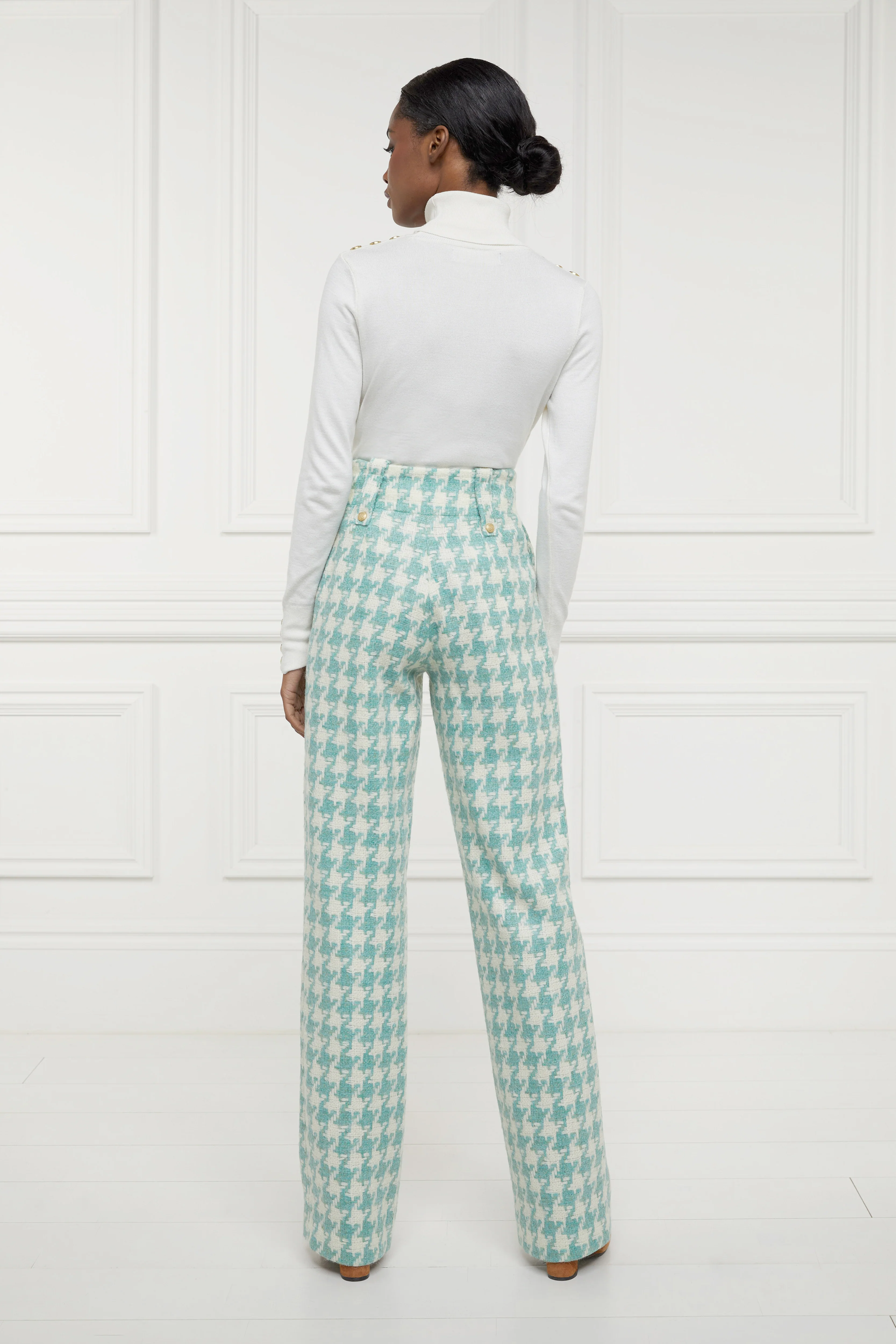 High Waisted Straight Trouser (Large Scale Teal Houndstooth) - Image 6