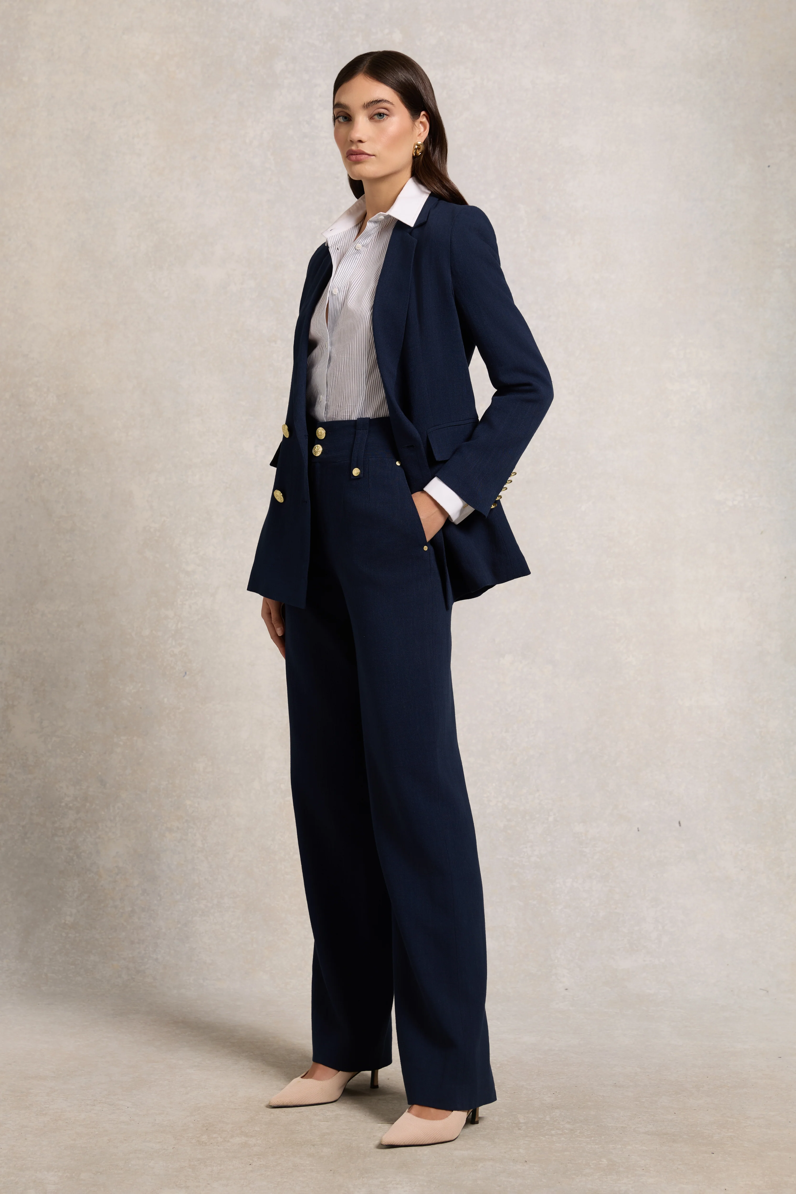 High Waisted Straight Trouser (Navy Linen) - Image 6