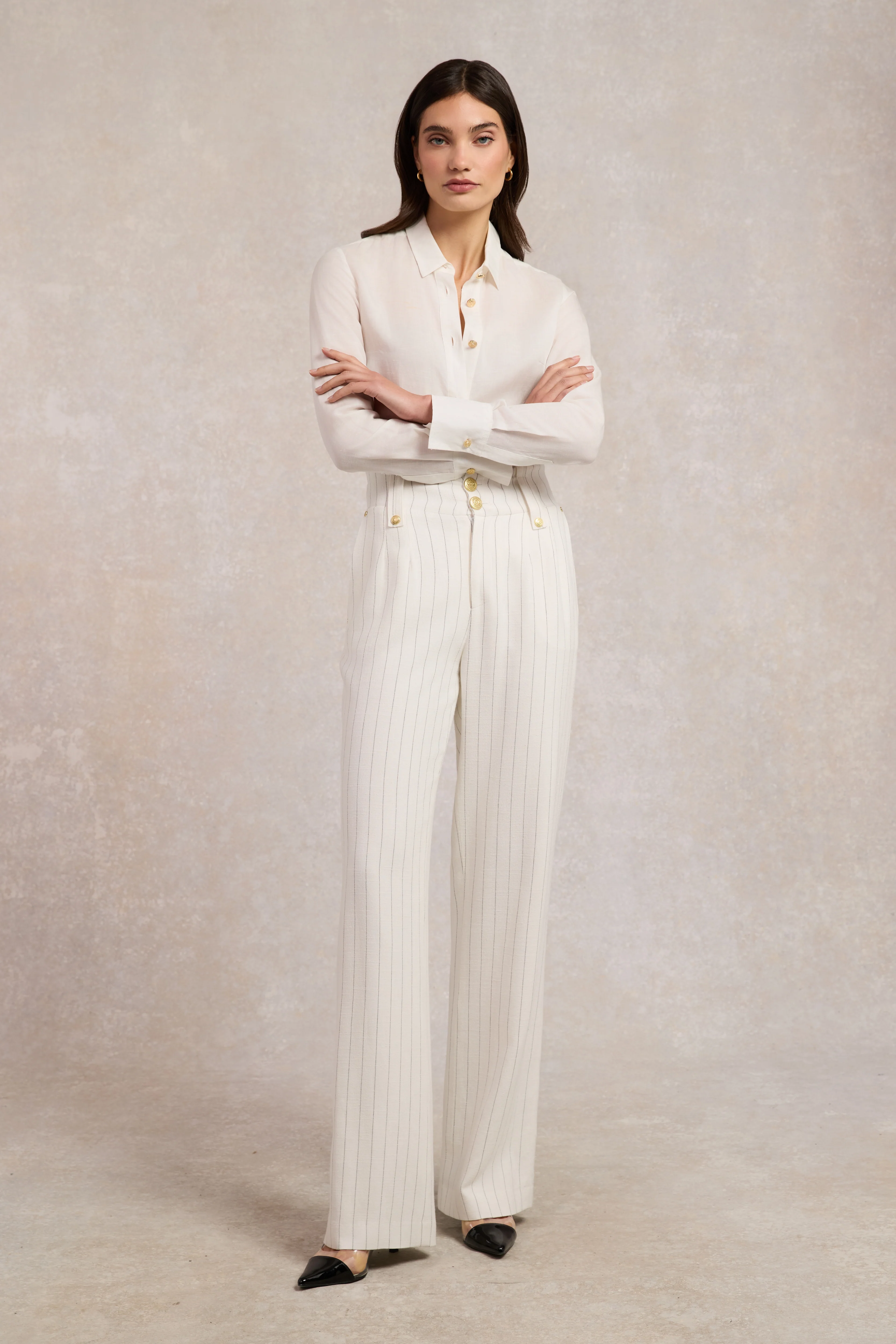 High Waisted Straight Trouser (Oyster Linen Pinstripe) - Image 3