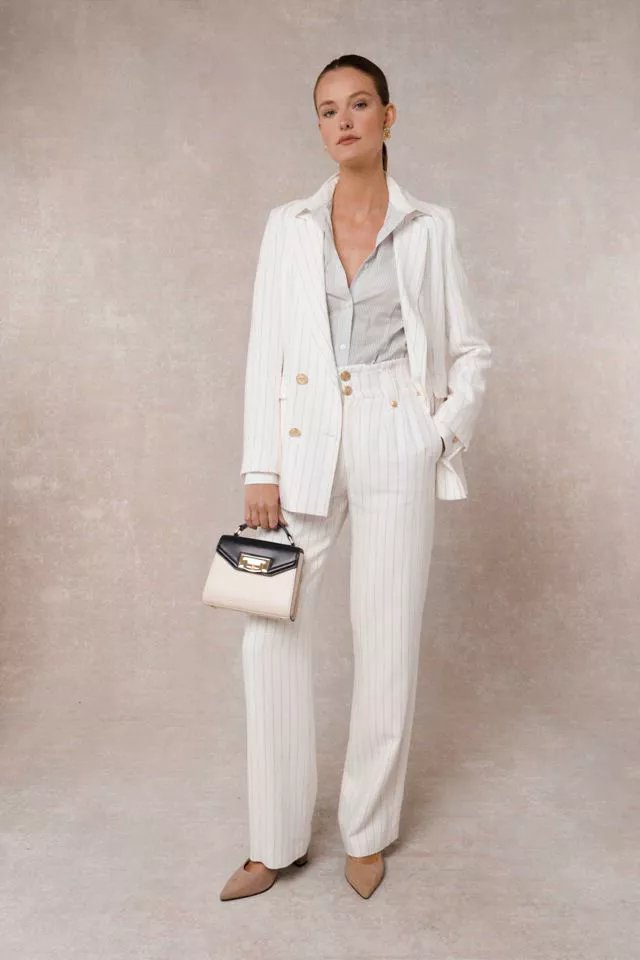 High Waisted Straight Trouser (Oyster Linen Pinstripe) - Image 5