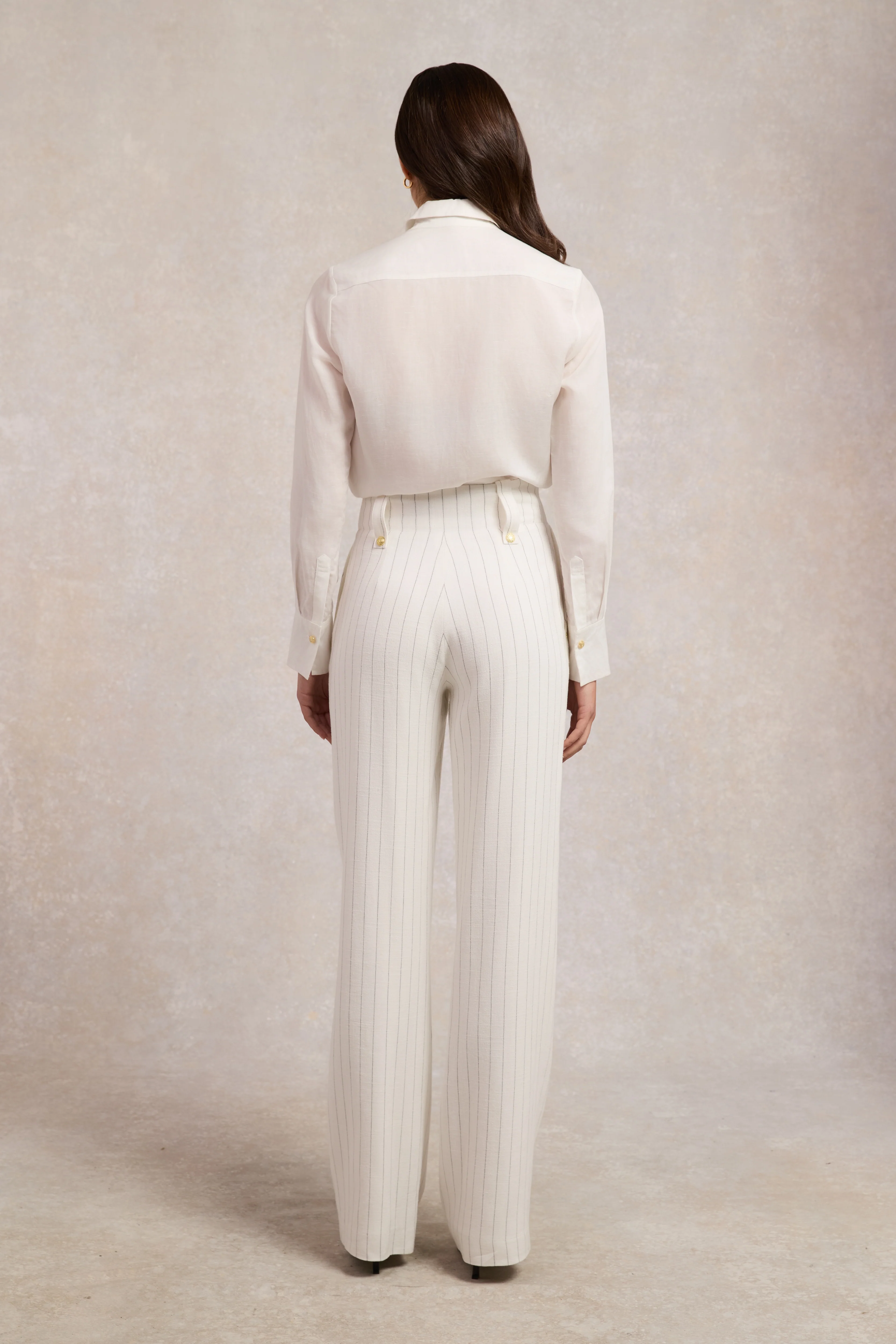 High Waisted Straight Trouser (Oyster Linen Pinstripe) - Image 6
