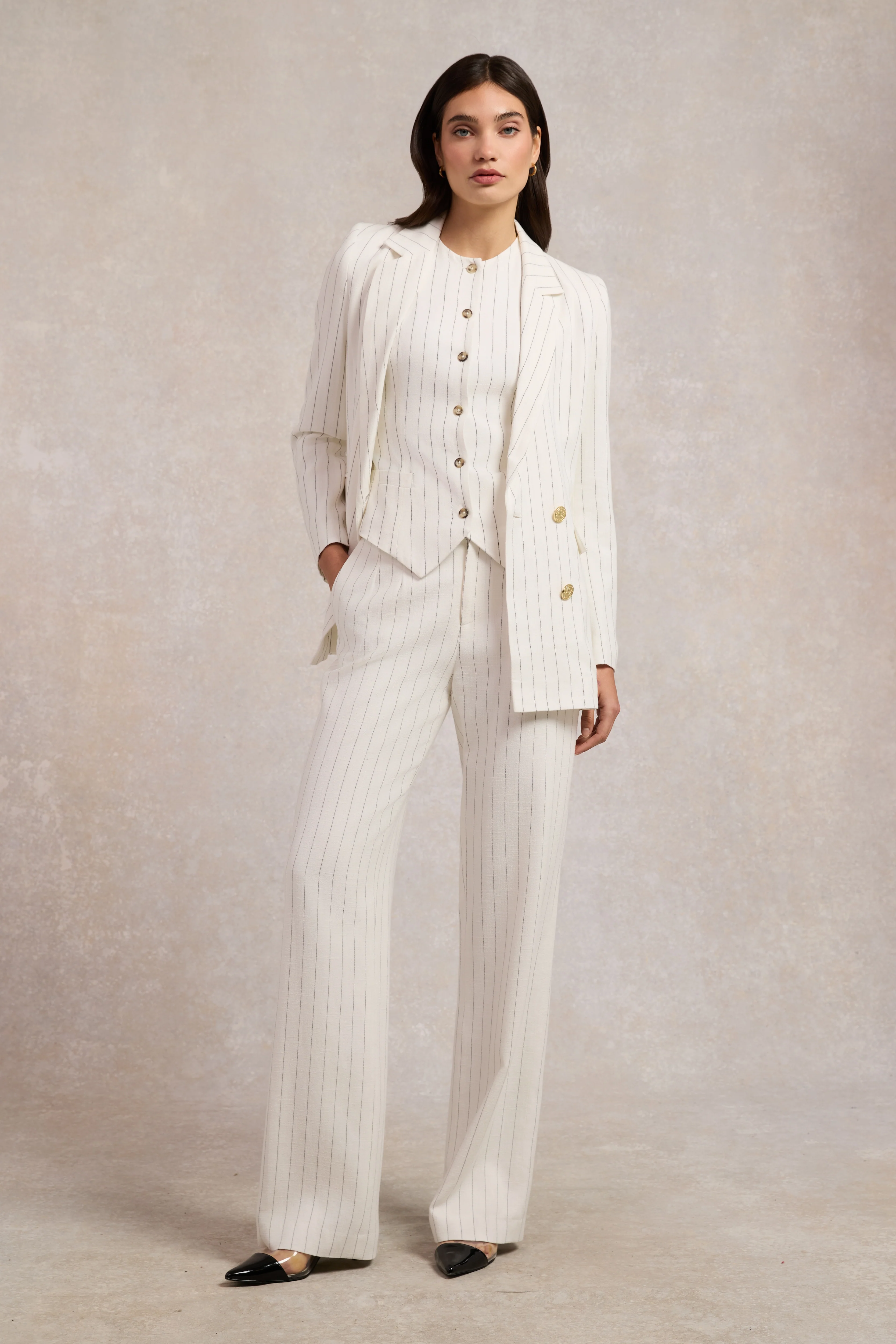 High Waisted Straight Trouser (Oyster Linen Pinstripe) - Image 7