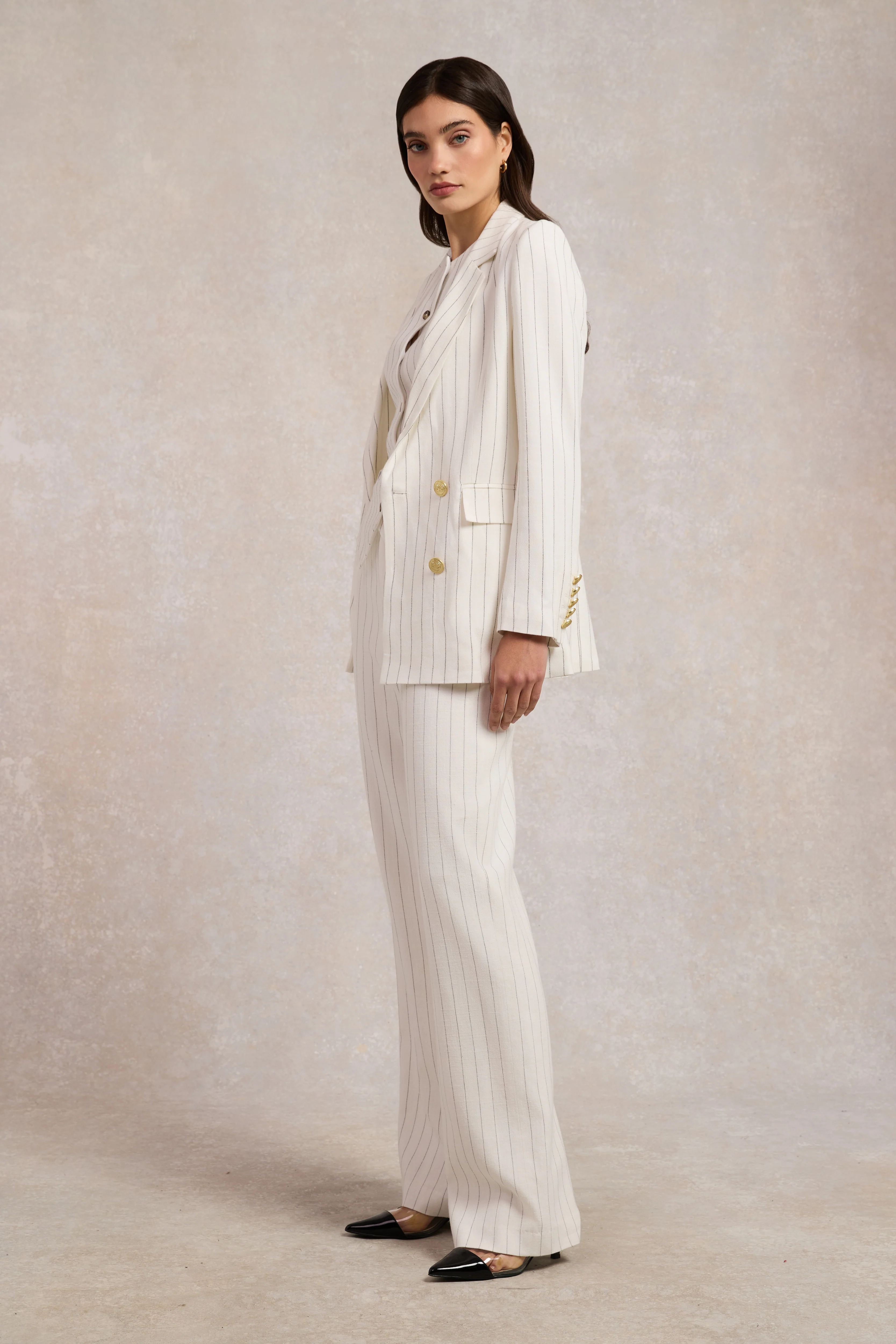 High Waisted Straight Trouser (Oyster Linen Pinstripe) - Image 8