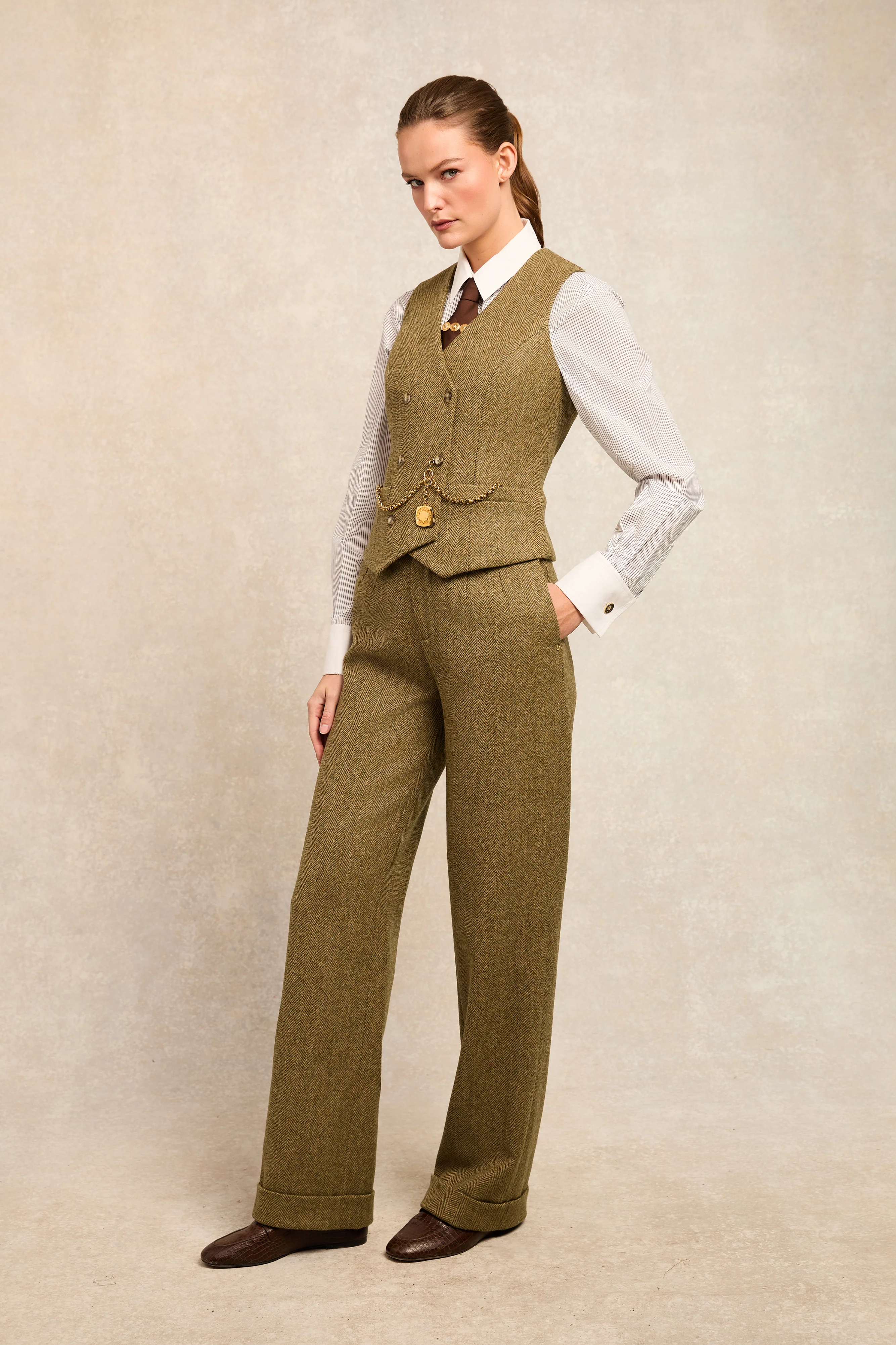 High Waisted Wide Leg Trouser (Moss Herringbone) - Image 3