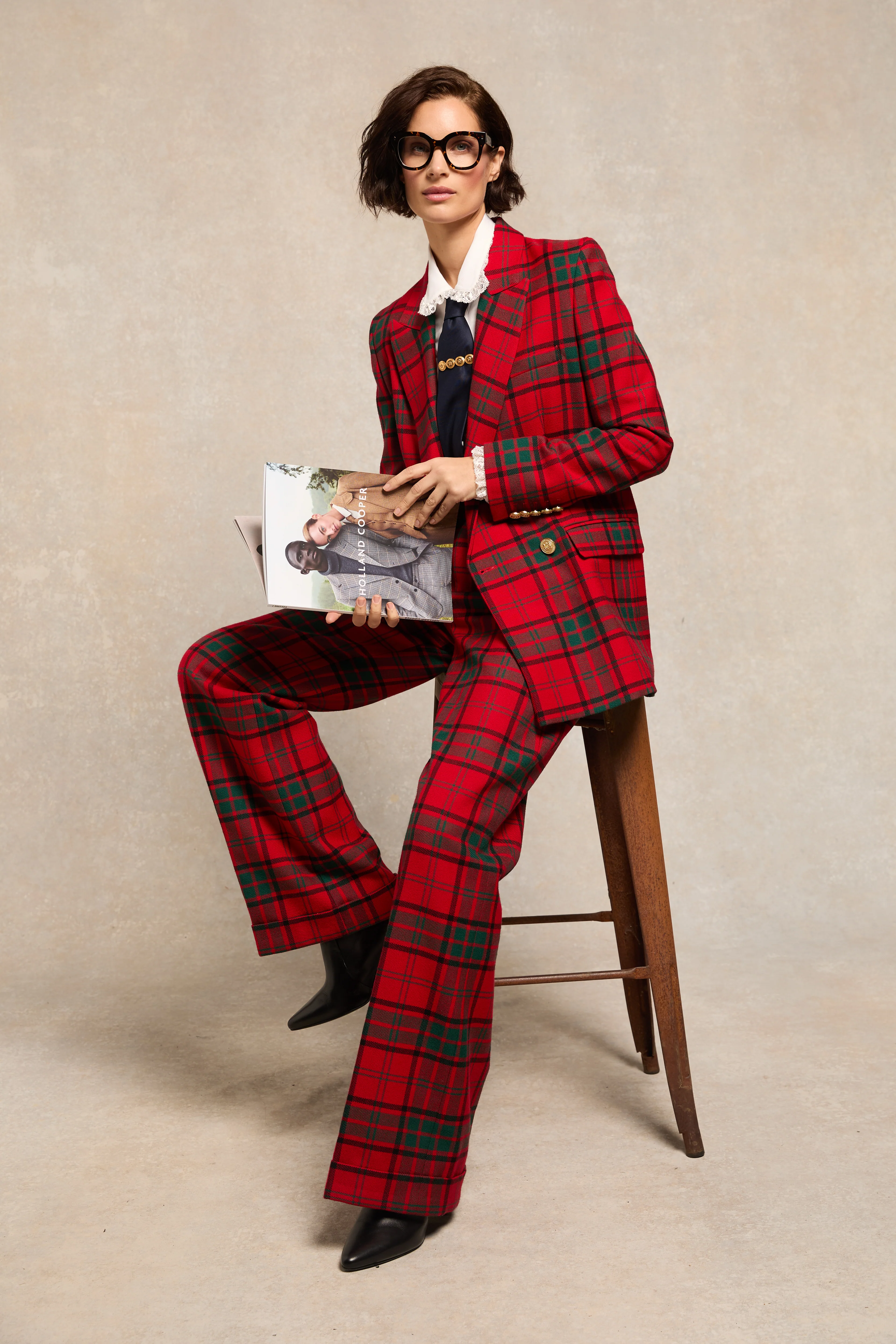 High Waisted Wide Leg Trouser (Red Tartan) - Image 4