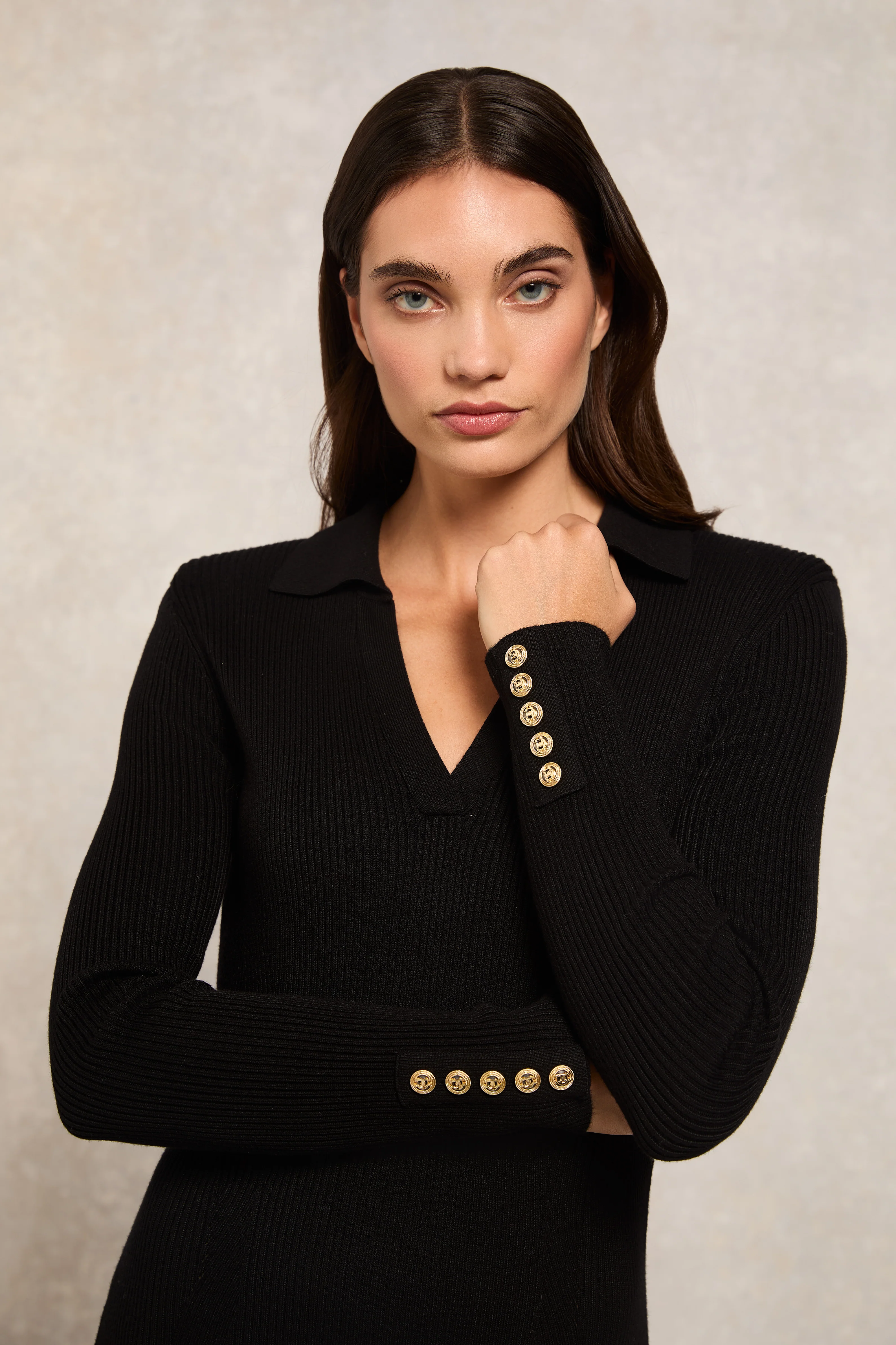 Knitted Shirt Dress (Black) - Image 2