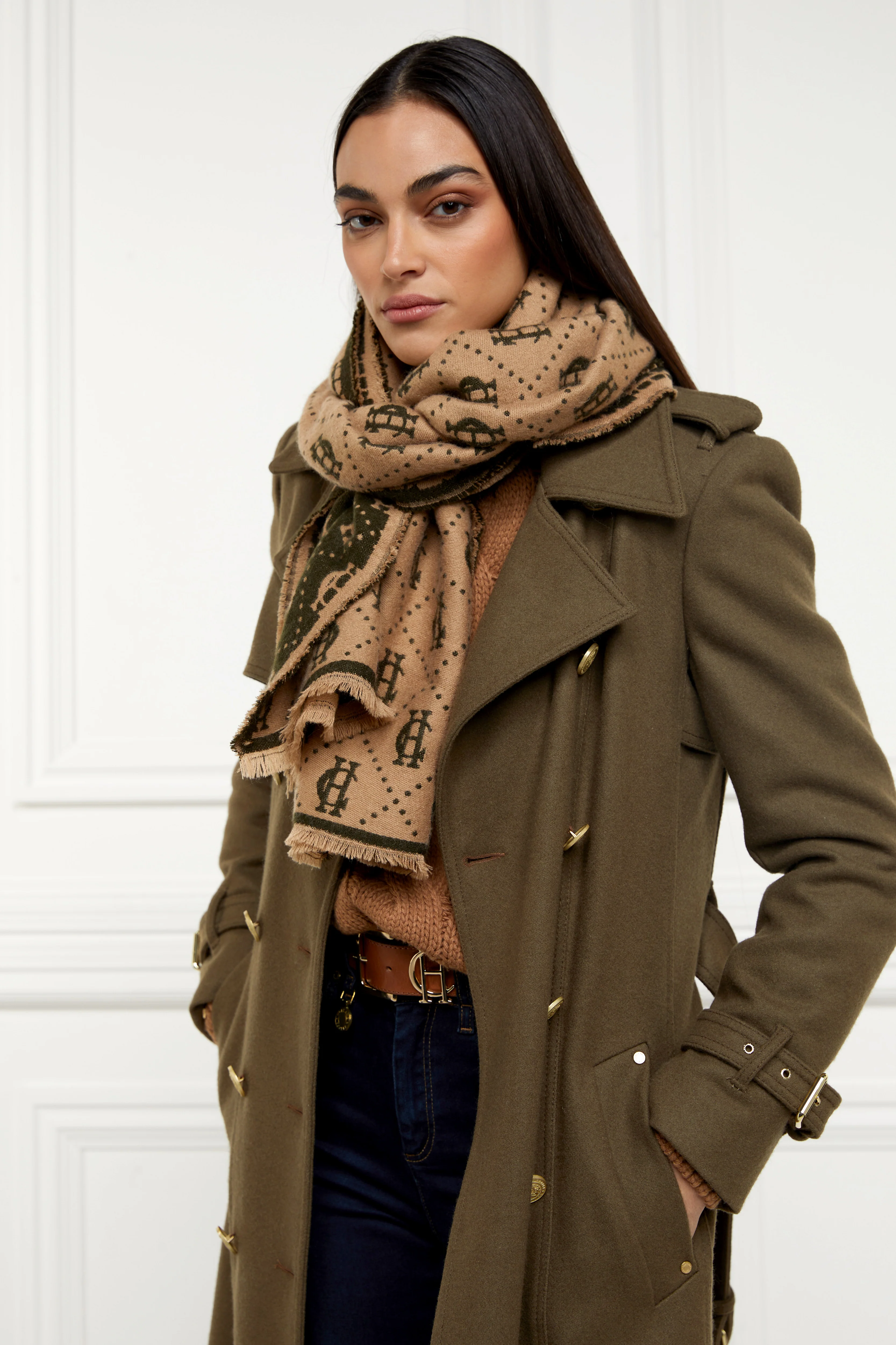 Lightweight Monogram Scarf (Light Camel Forest Green) - Image 4