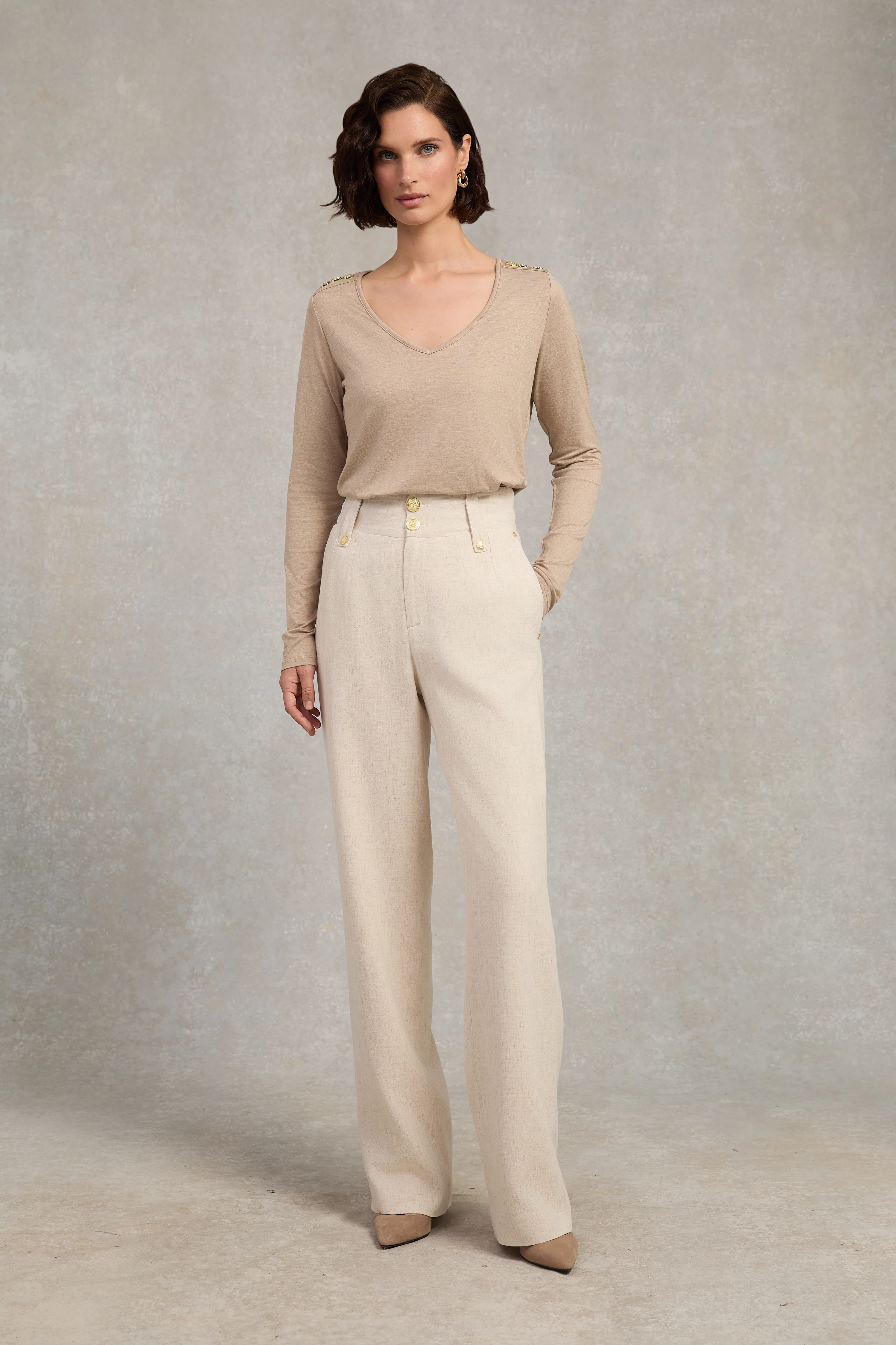 Long Sleeve V-Neck Tee (Oatmeal) - Image 6