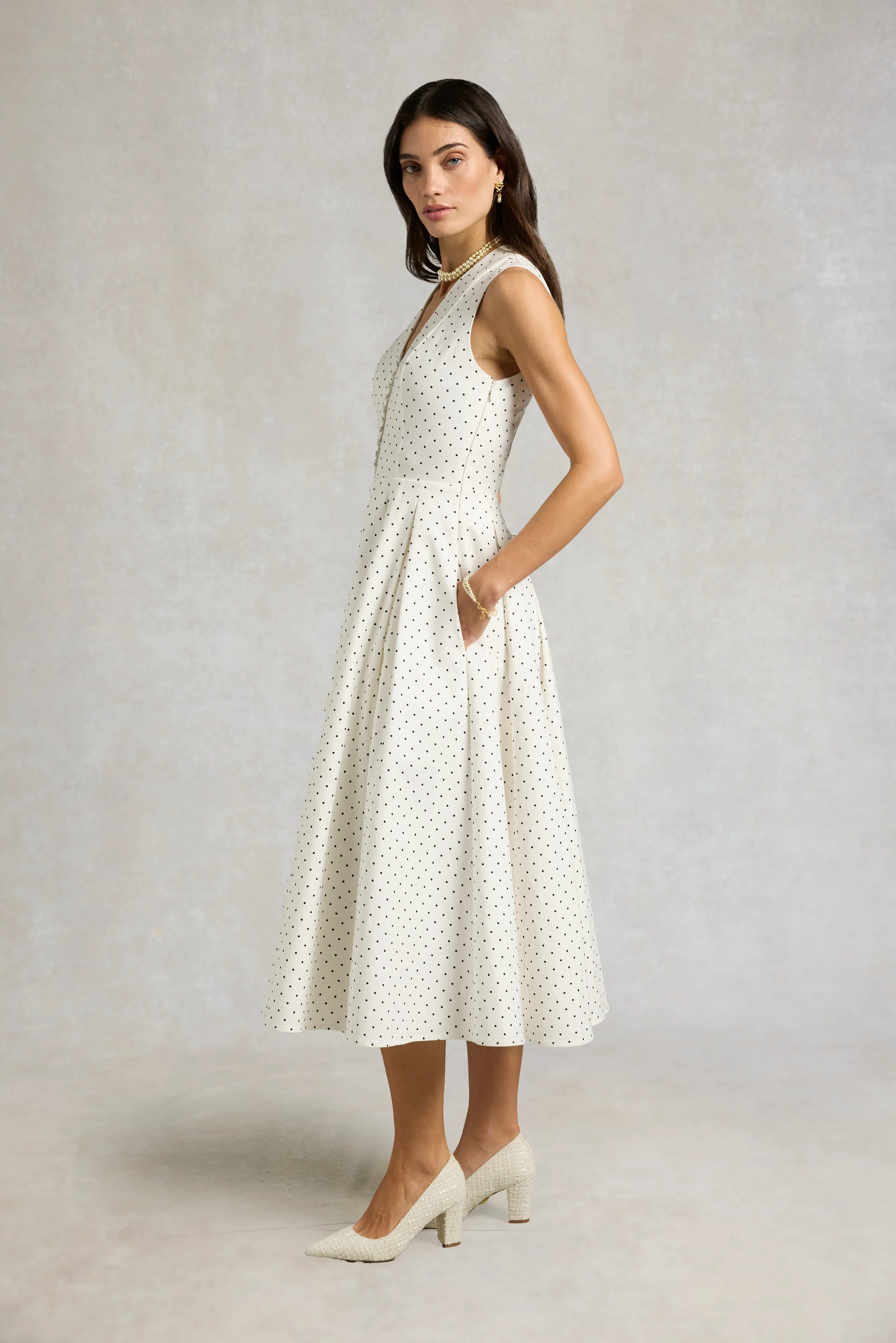 Lucie Sleeveless Dress (White Polka Dot) - Image 6