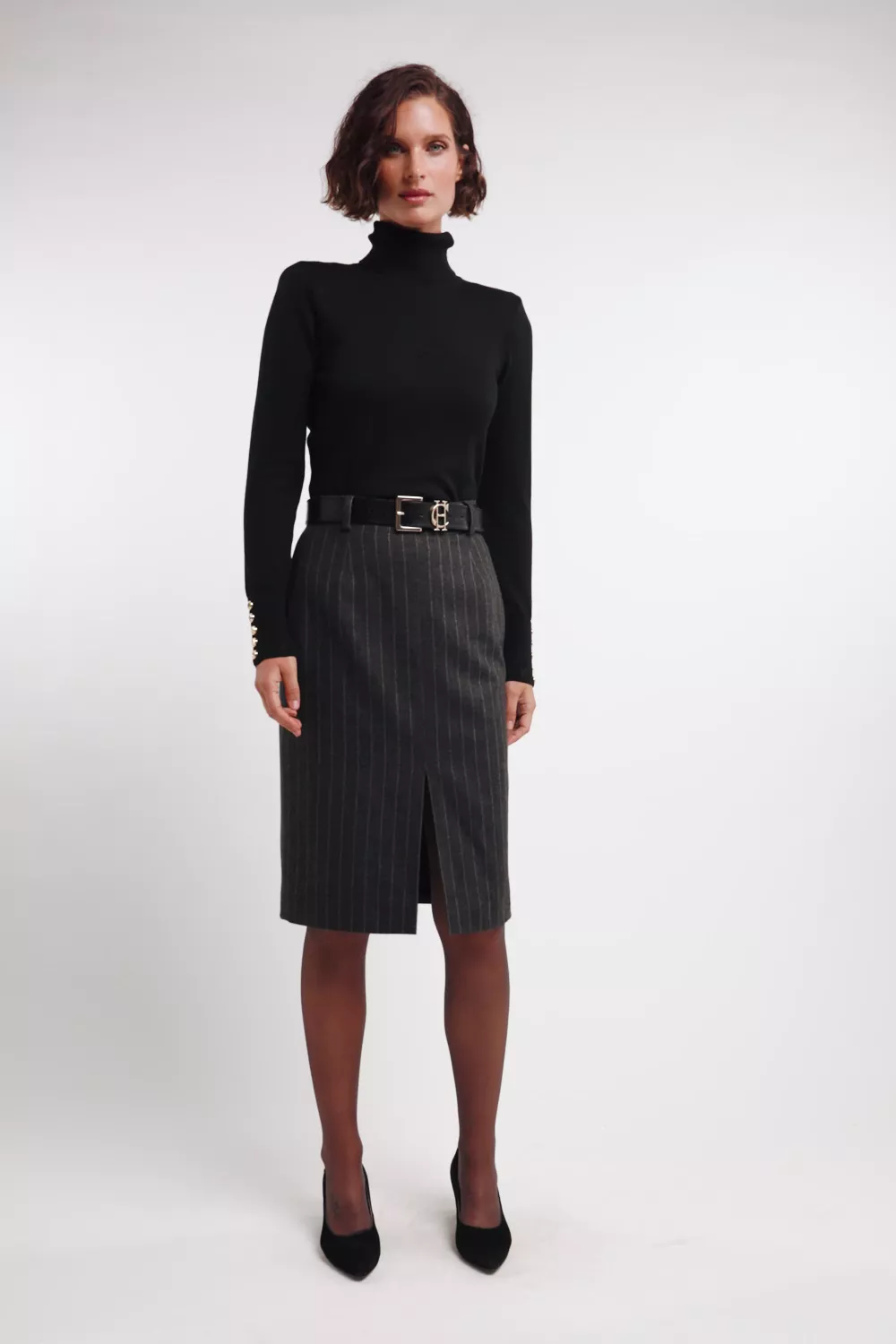 Mayfair Pencil Skirt (Charcoal Pinstripe) - Image 5