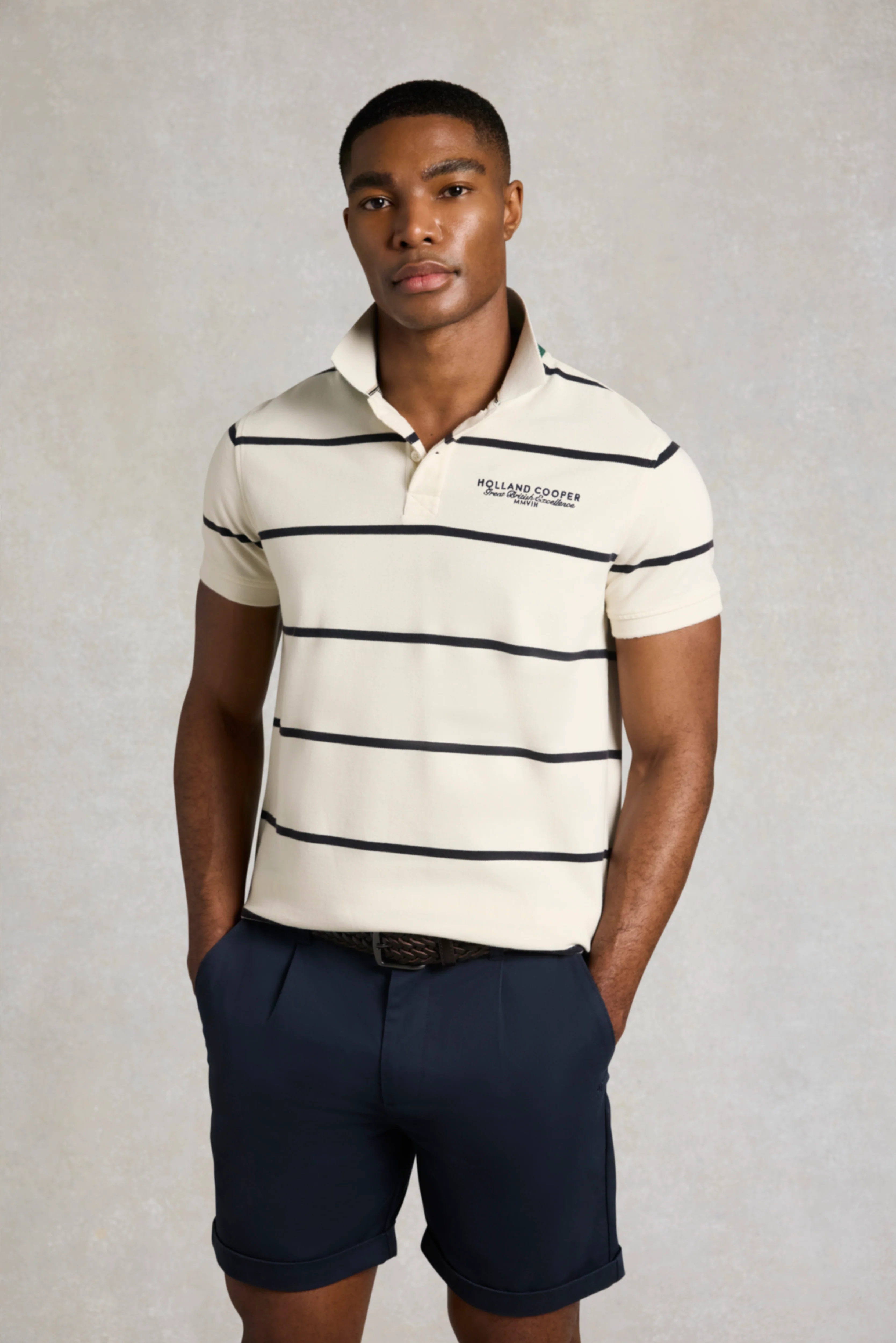 Men's Heritage Short Sleeve Polo Shirt (Off White Ink Navy Stripe) - Image 2