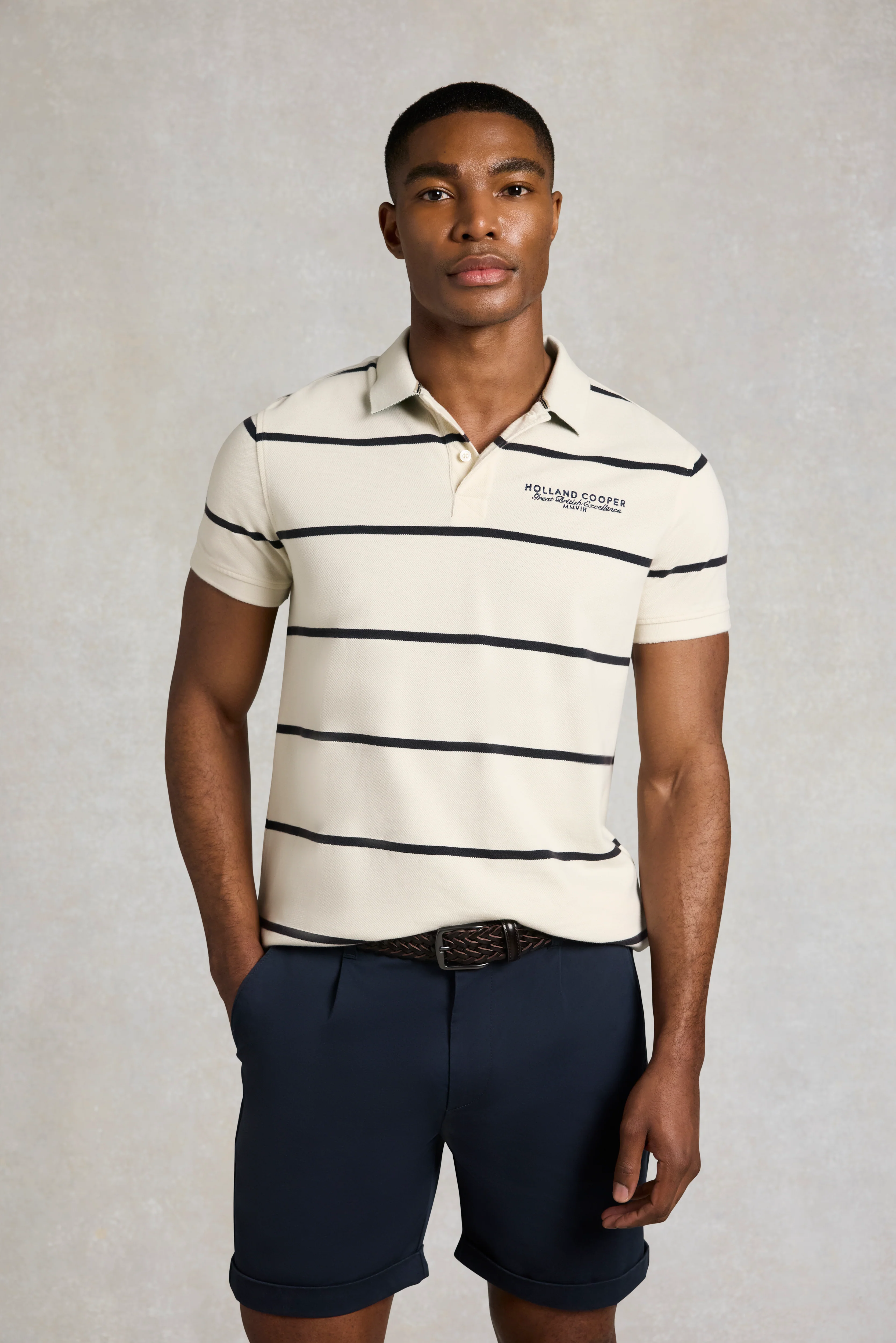 Men's Heritage Short Sleeve Polo Shirt (Off White Ink Navy Stripe) - Image 3