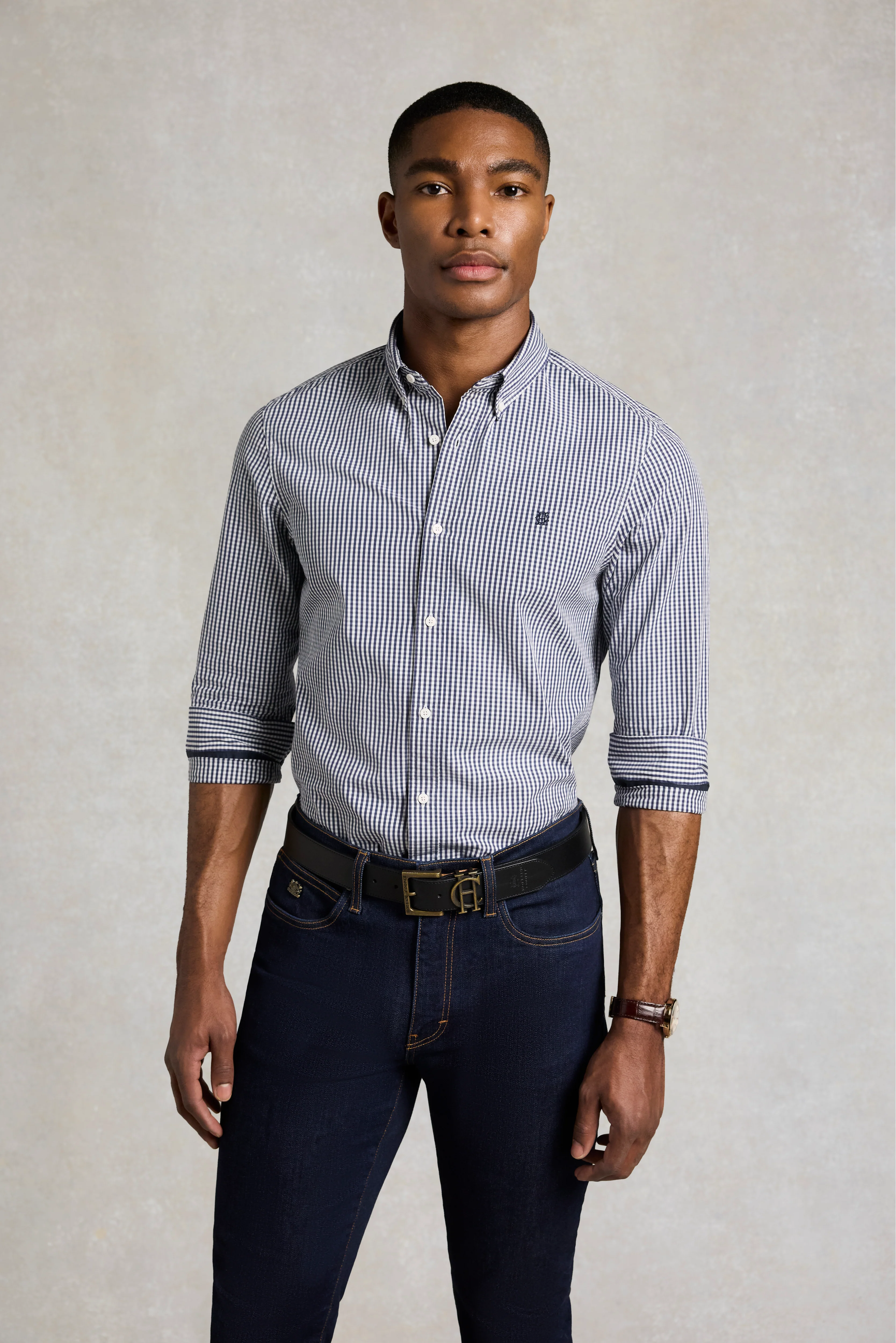 Men's Tailored Fit Button Down Shirt (Navy Gingham)
