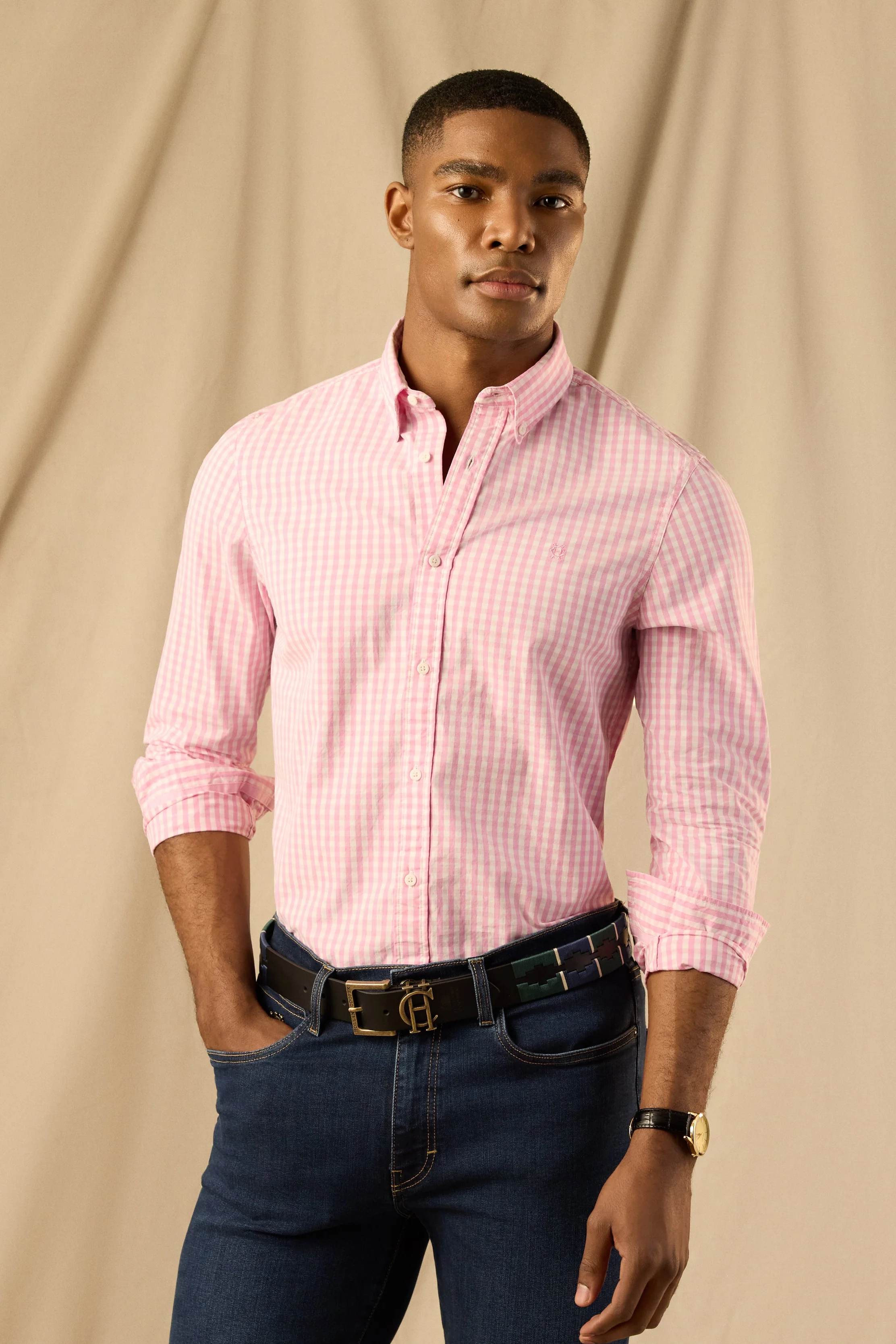 Men's Tailored Fit Button Down Shirt (Pink Gingham)